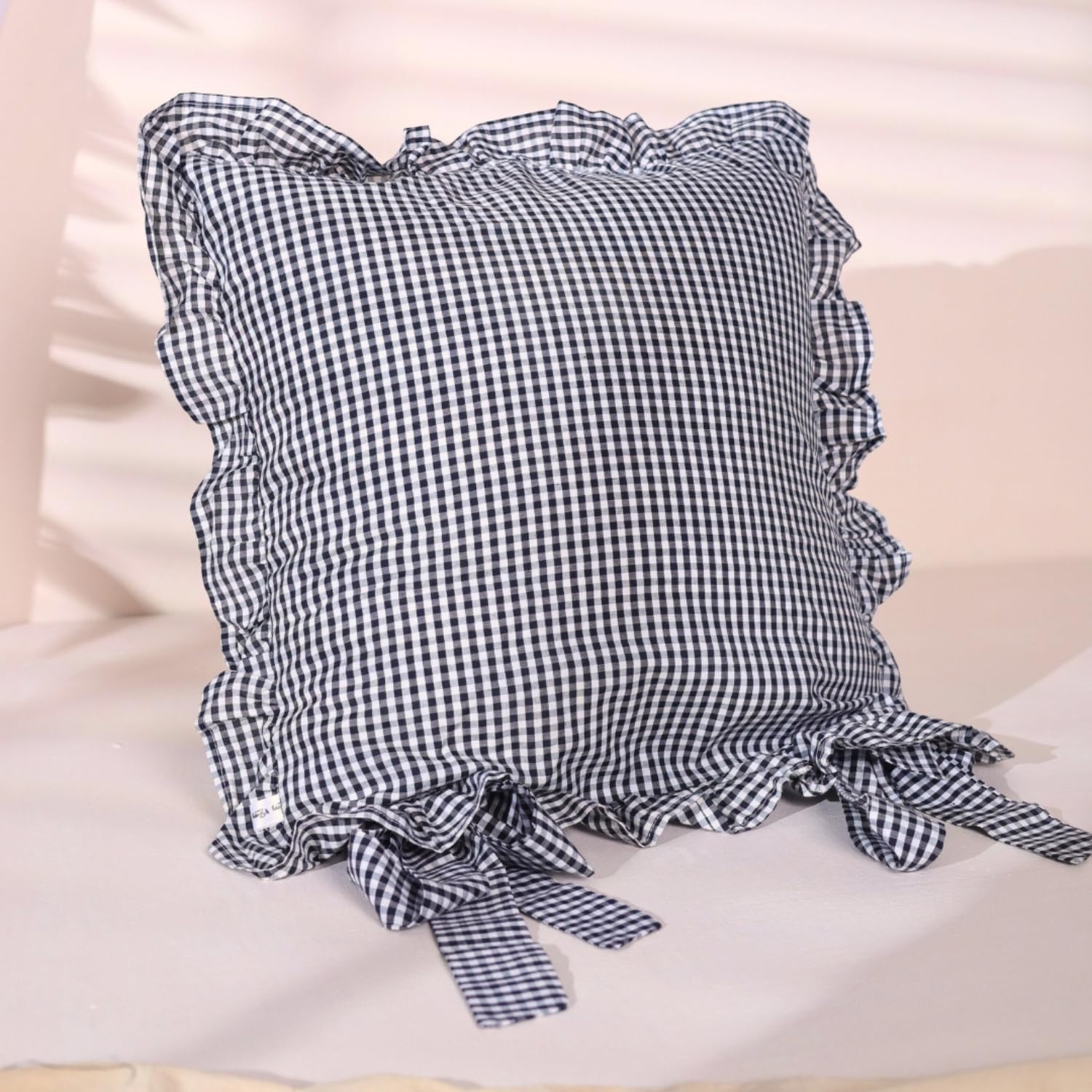 Sleepy Threads Cotton Cushion Covers - Set Of 3, 16X16 Inch, Grey & White Checkered Pattern With Frilled Borders - Decorative Th