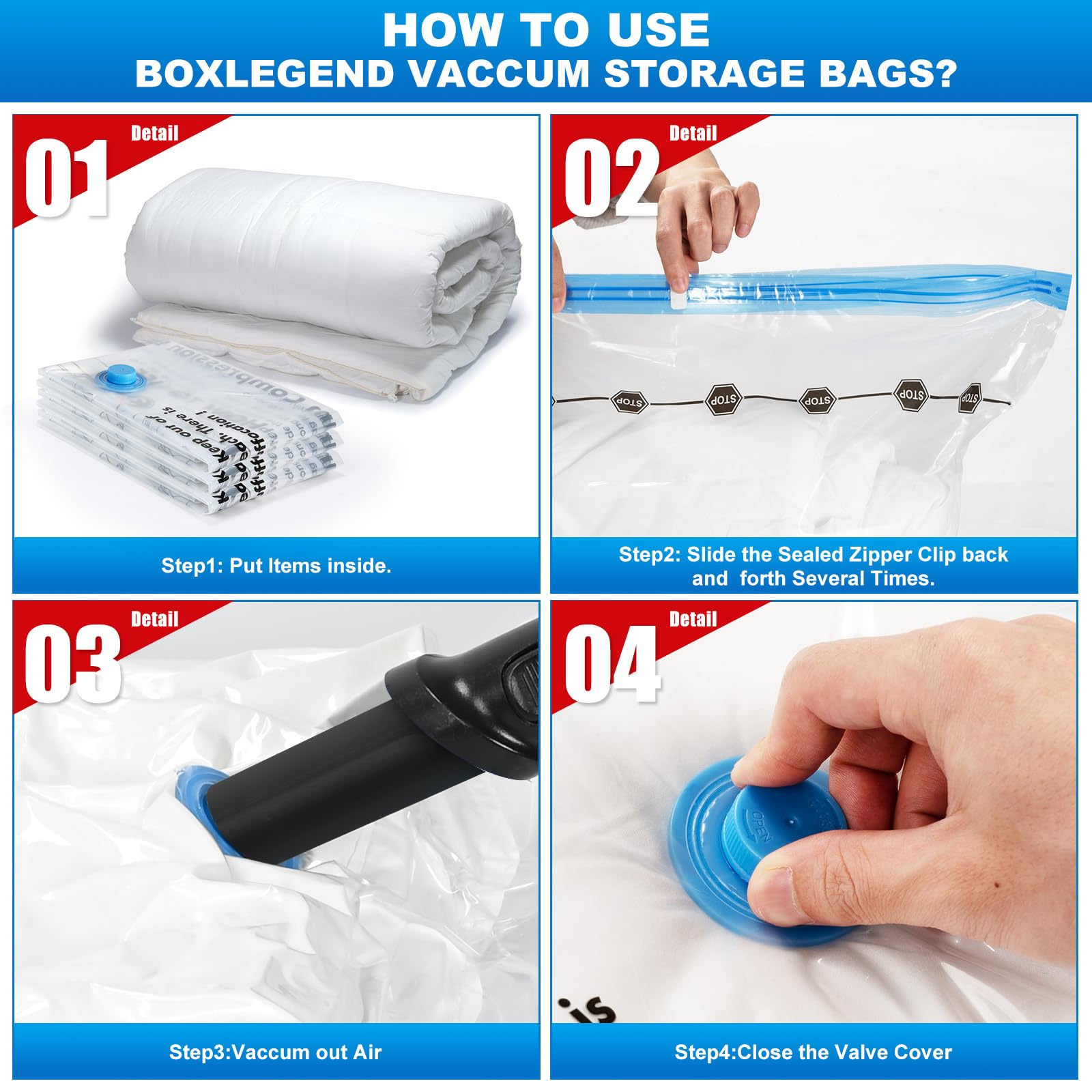 BoxLegend Vacuum Storage Bags with Large Size Hand Pump 8 Jumbo 31.5x39.37 Thickened Vacuum Seal Bags for Clothing Space Saving