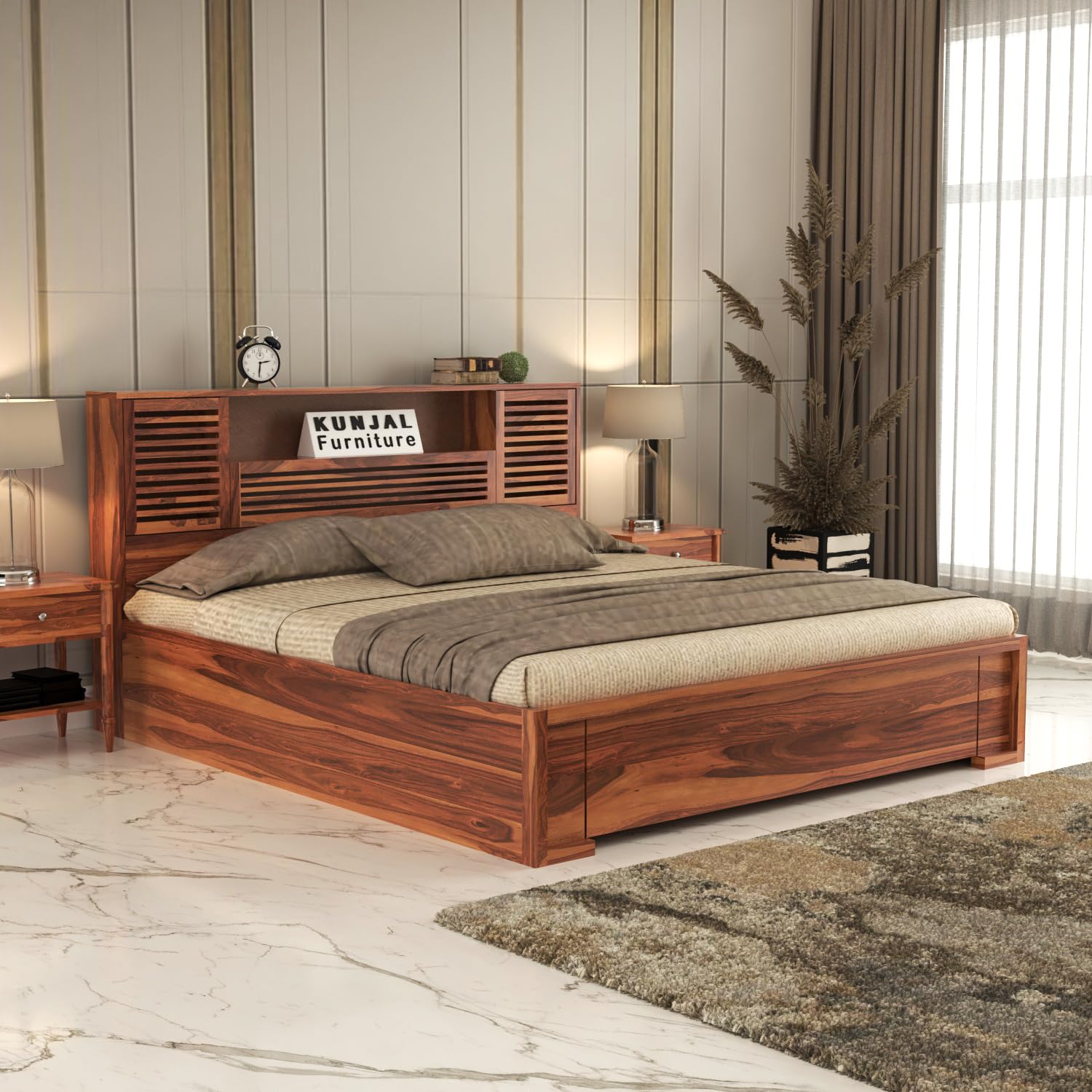 Kunjal Furniture Solid Sheesham Wood Bed With Headboard & Box Storage  Handcrafted Wooden Bed For Bedroom  Ideal For Home (Fly