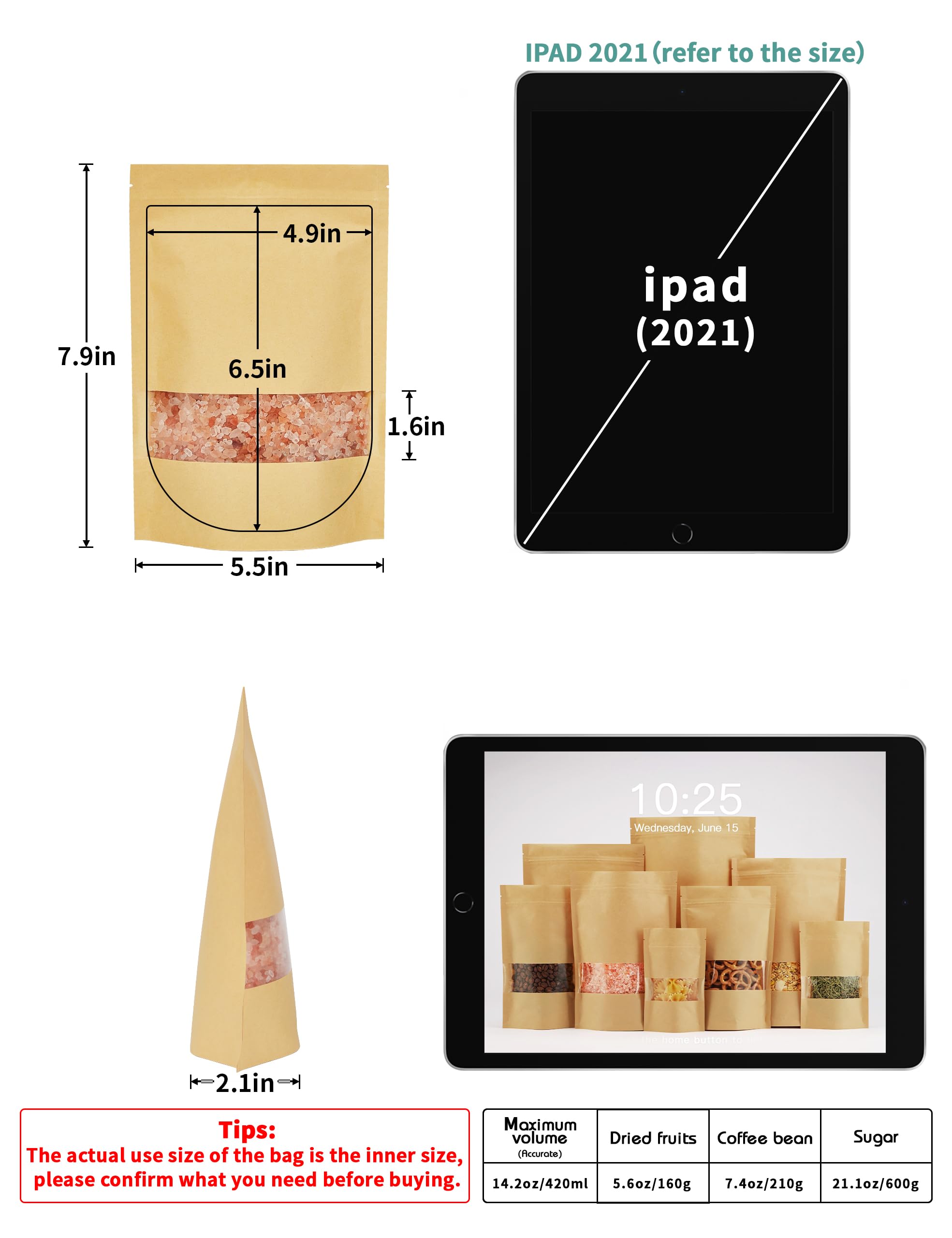 FireKylin 100 Pcs Kraft Paper Bags with Window  5.5'' x 7.9'' Stand Up Pouches Bags  Zip Lock Food Storage Bags for Packaging Products  Reusable  Sealable