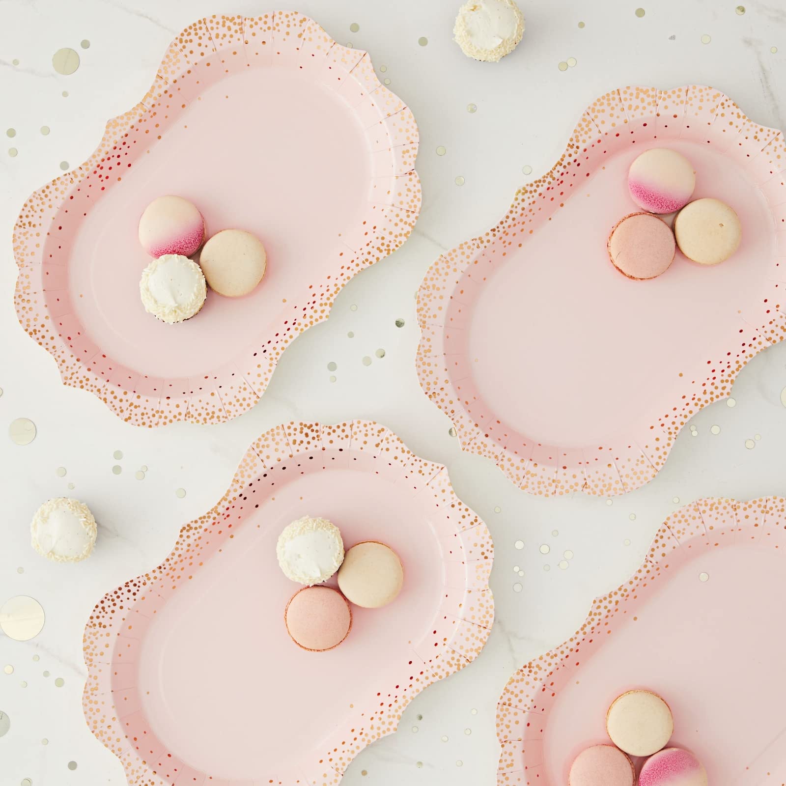 Sparkle And Bash 24-Pack Pink Disposable Serving Trays, Gold Foil Polka Dotted Party Platters For Wedding, Birthday, Tea Party,