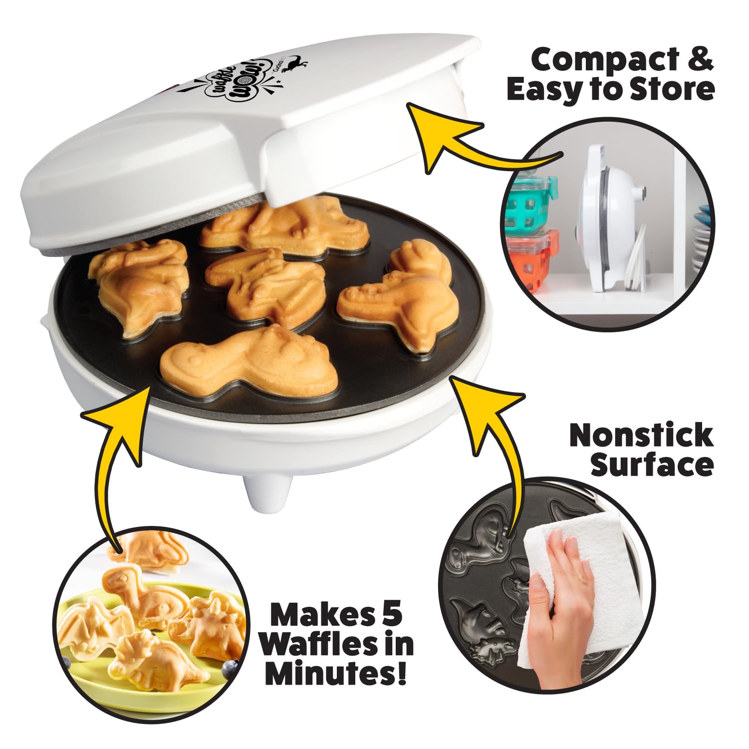 Dinosaur Mini Waffle Maker - 5 Different 3D Shaped Dinos in Minutes- Make Fun Holiday Breakfast for Kids  Adults w Cool Novelty Pancakes  Electric Non-Stick Waffler Iron with Recipe Guide  Xmas Gift
