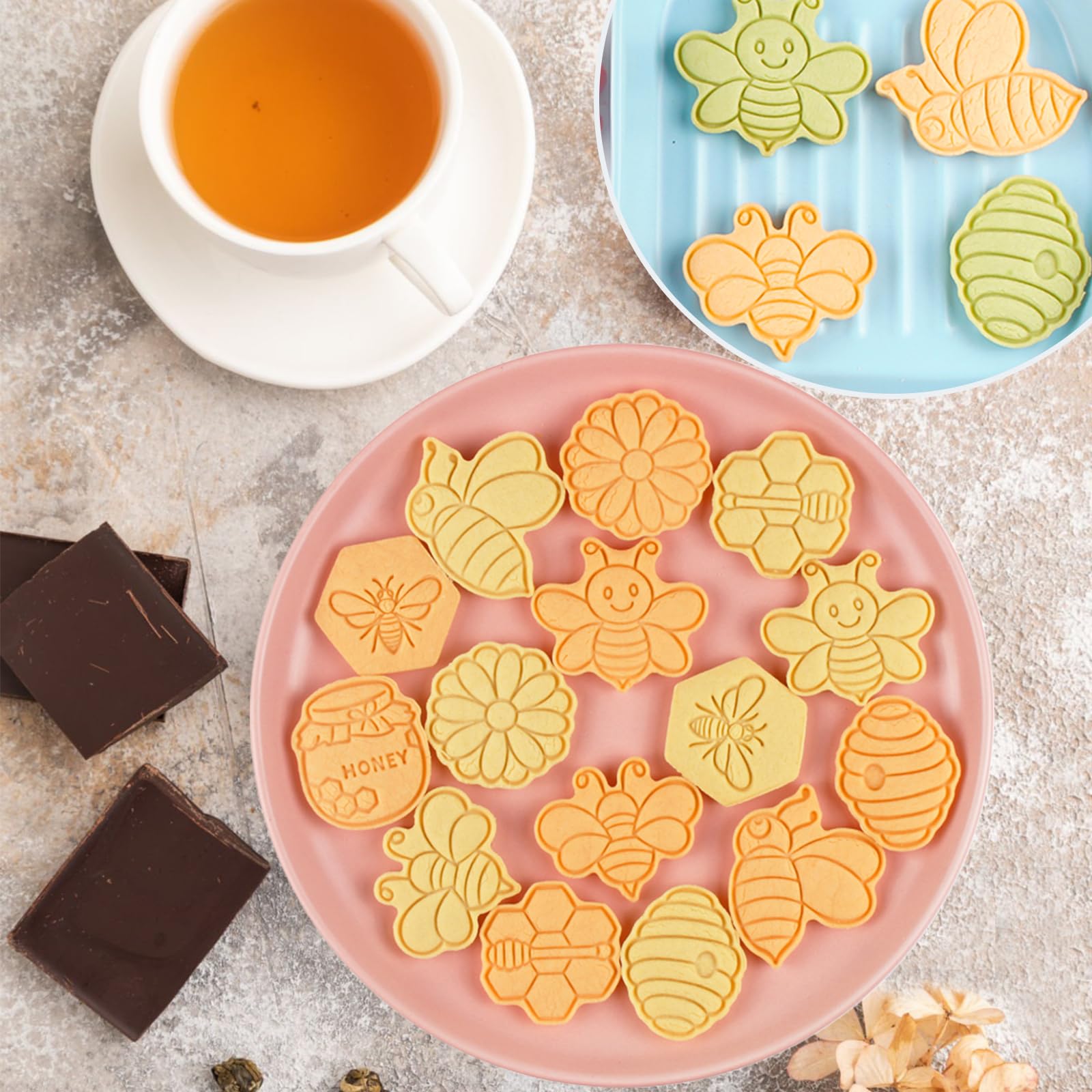 Bigqin 8 Pcs Cookie Cutters Set 3D Cute Cartoon Shapes With Honeybee Flower Cookie Mold Pink Diy Cartoon Biscuit Baking Mold Too