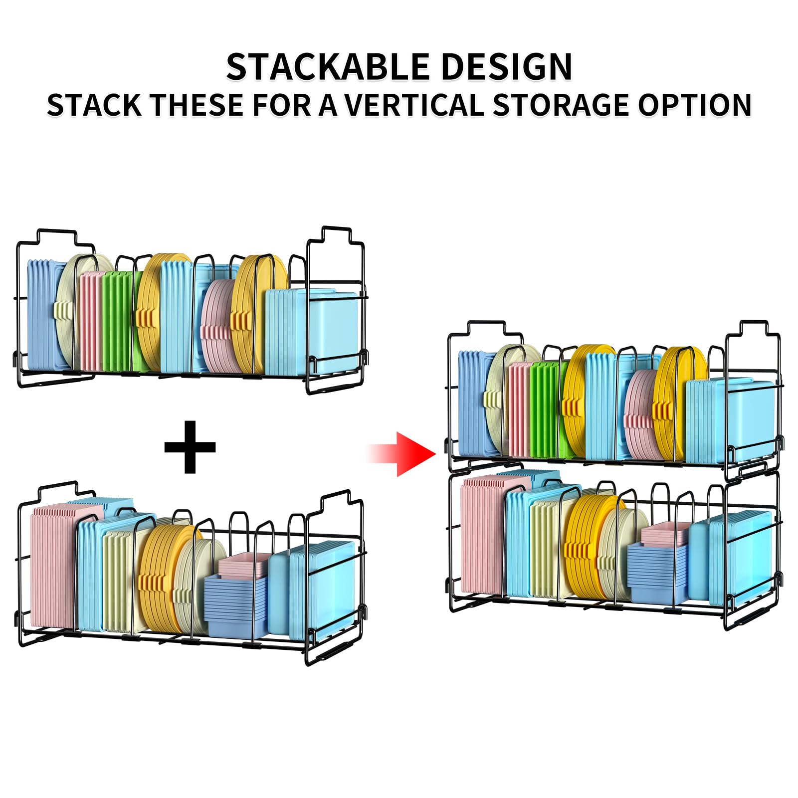 Set Of 2 Stackable Food Container Lid Organizer, Adjustable Metal Lid Storage Shelf For Kitchen, 4 Dividers Detachable Lid Organ