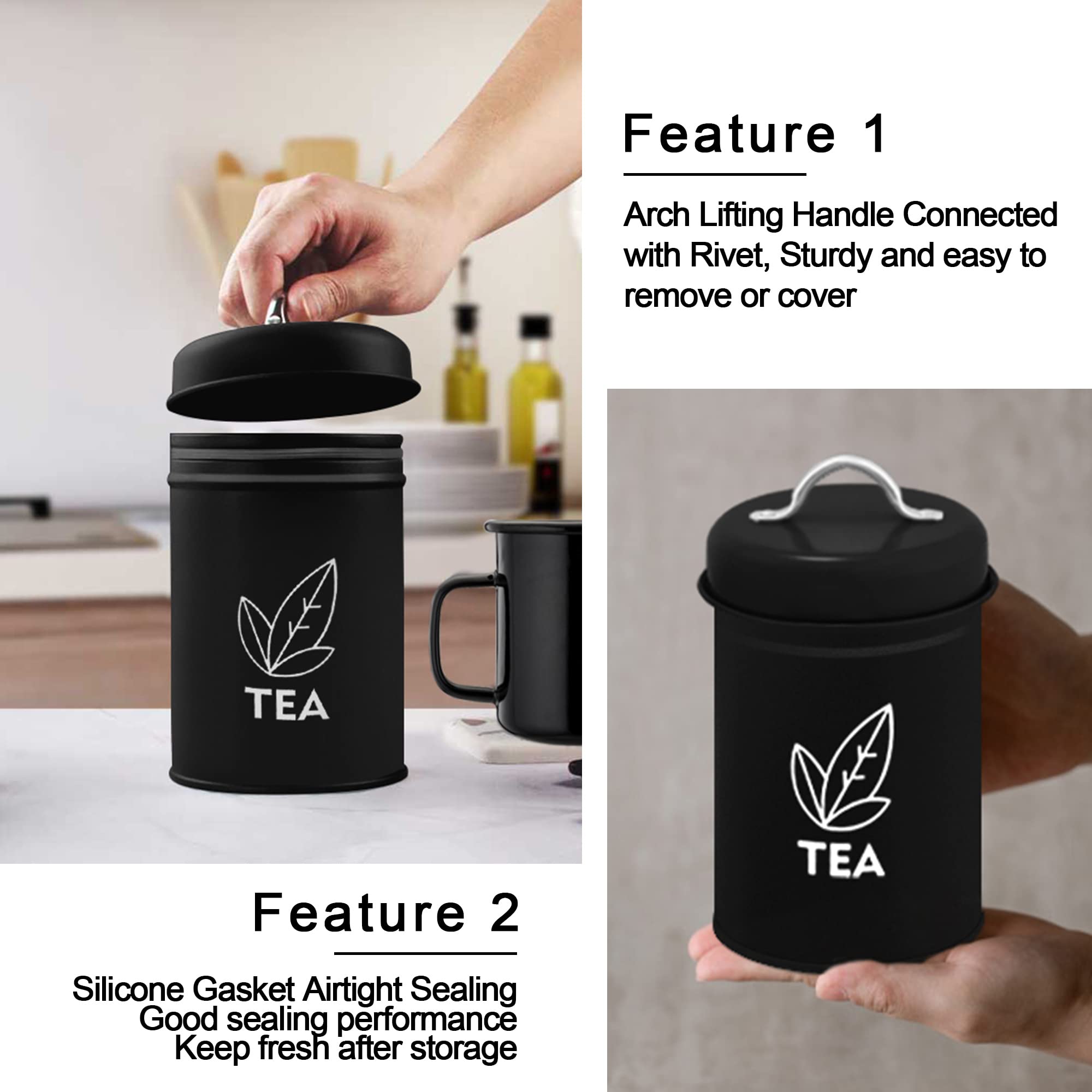 Teamfar Kitchen Canisters Set Of 3, Coffee Sugar Tea Canister Sets For Kitchen Counter, Black Metal Farmhouse Decor Storage Cont