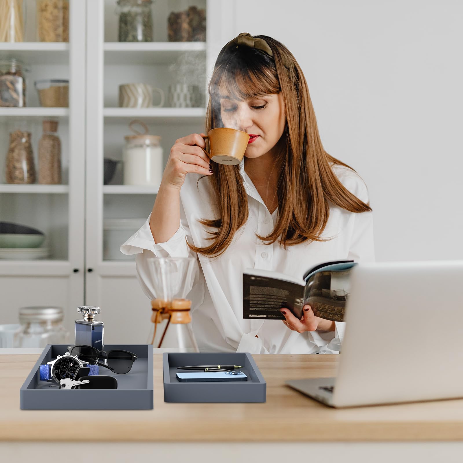 Bbk Bathroom Vanity Tray- 2 Pack (7.8'' And 11.8'') Silicone Bathroom Tray For Counter, Perfume Key Trinket Ring Tray, Decor Soa