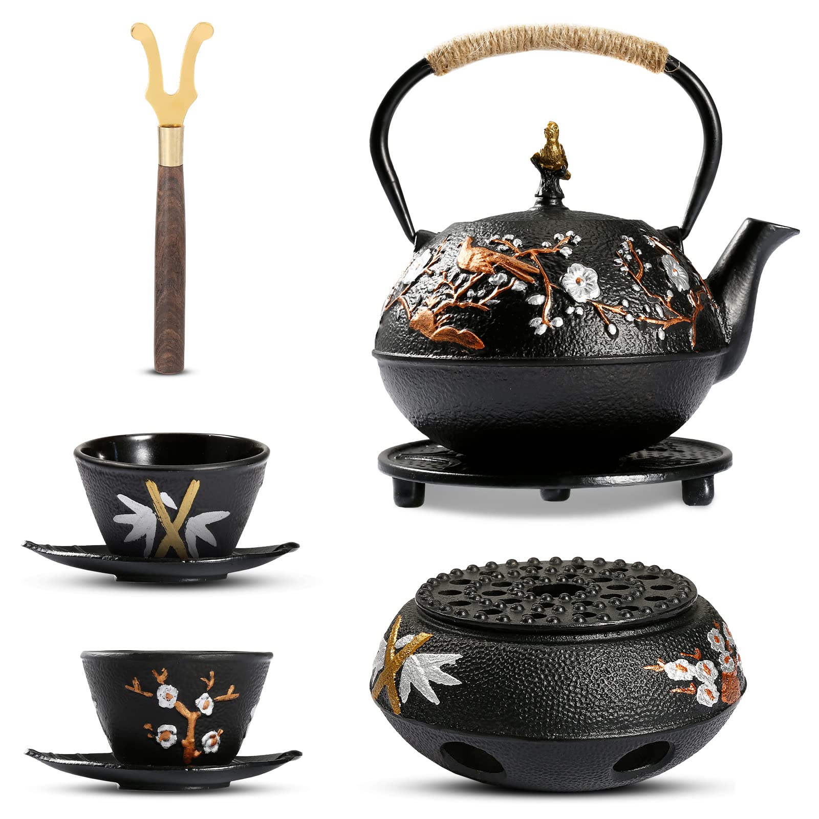 Dyna-Living Cast Iron Teapot with Warmer Japanese Tea Kettle 720ml/24.5oz Japanese Cast Iron Teapot Set with 2 Tea Cups Tea Pot 