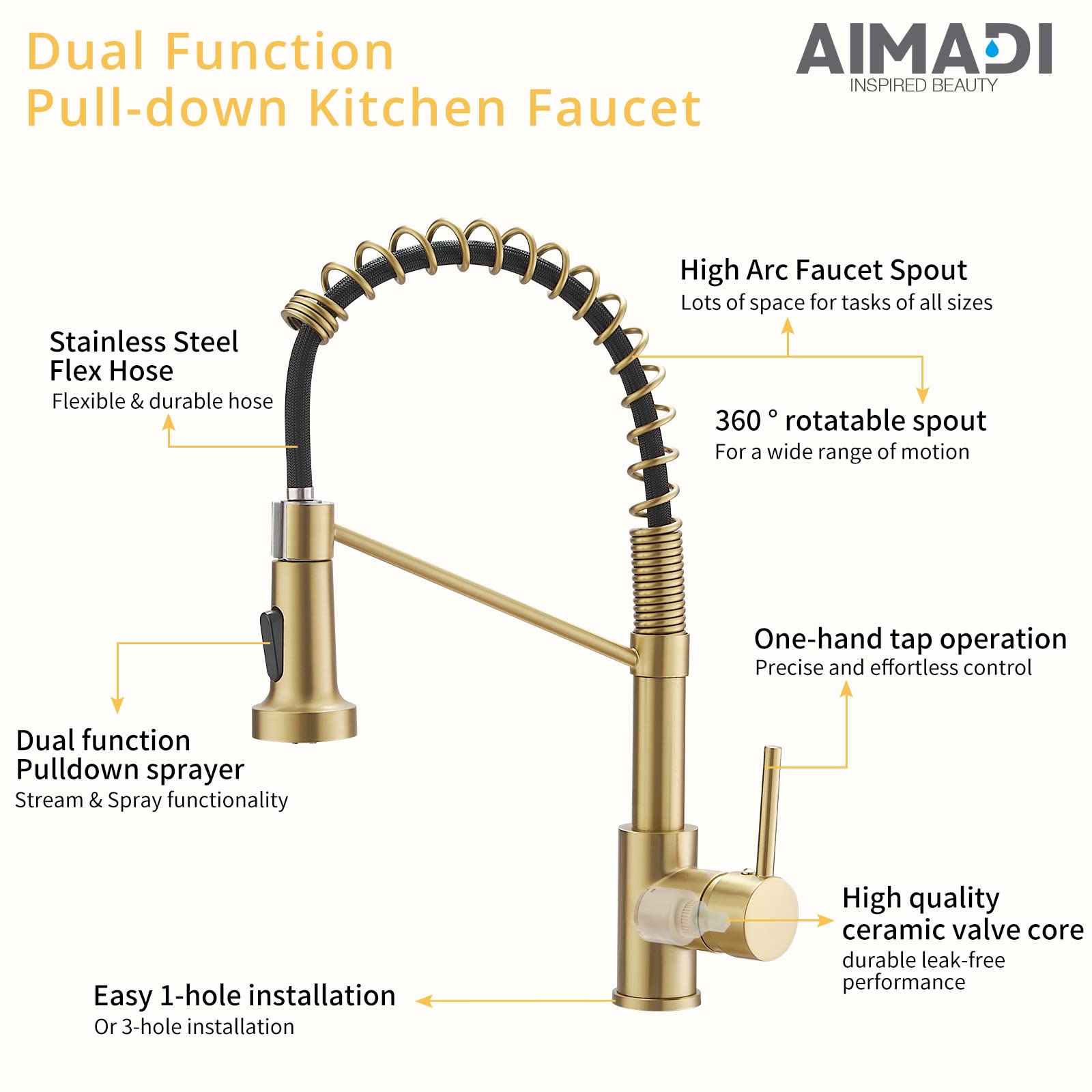 Brushed Gold Kitchen Faucet, Aimadi Kitchen Faucets With Pull Down Sprayer Single Handle One Hole Faucet For Farmhouse Gold Fauc