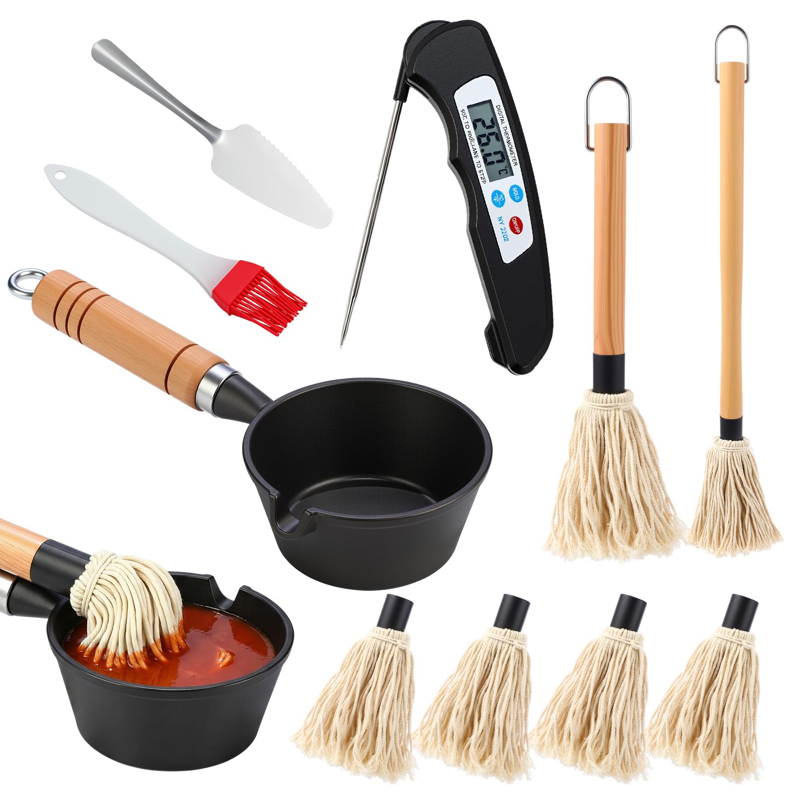 Teecyhooo 12 Pcs BBQ Mop Brush and Cast Iron Sauce Pot Set for Grilling