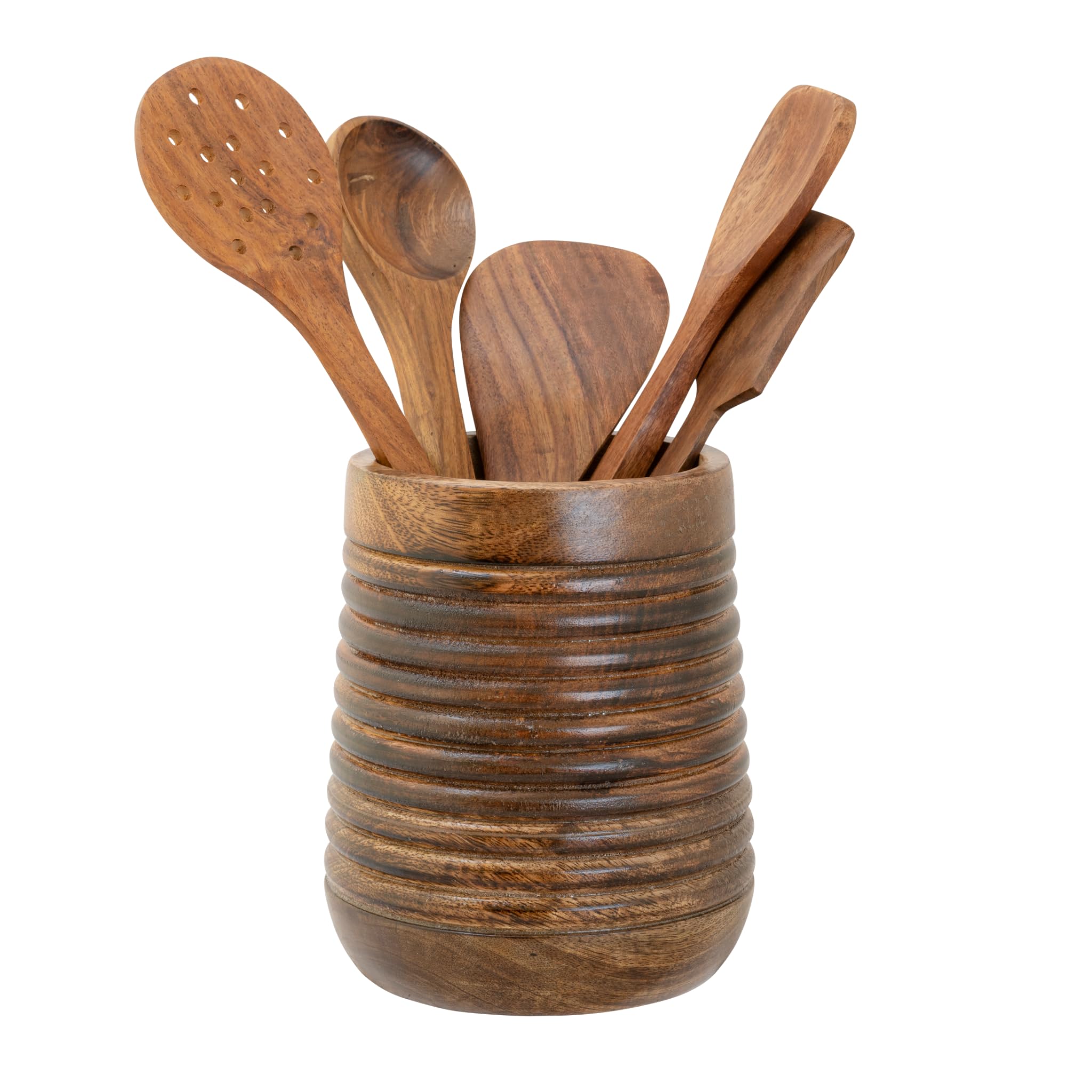 Mie Creations Rustic 7'' Large Utensil Crock Holder For Kitchen Countertop | Wooden Cooking Spatula Organizer For Party, Mothers