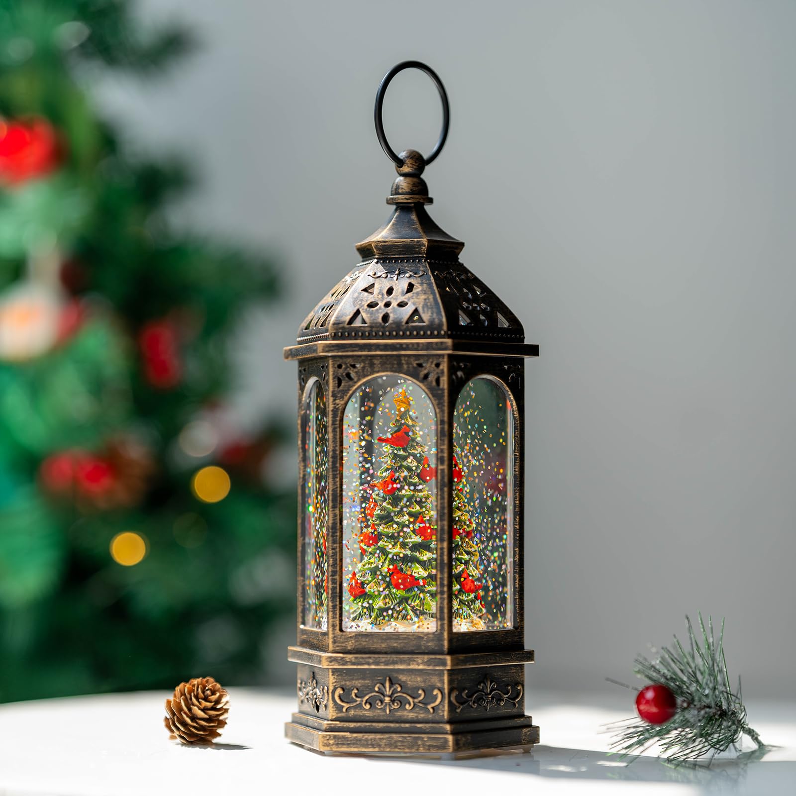 Lighted Christmas Tree Cardinal Music Snow Globe Water Lantern with Swirling Glitter Decoration for Christmas Home, Living Room,
