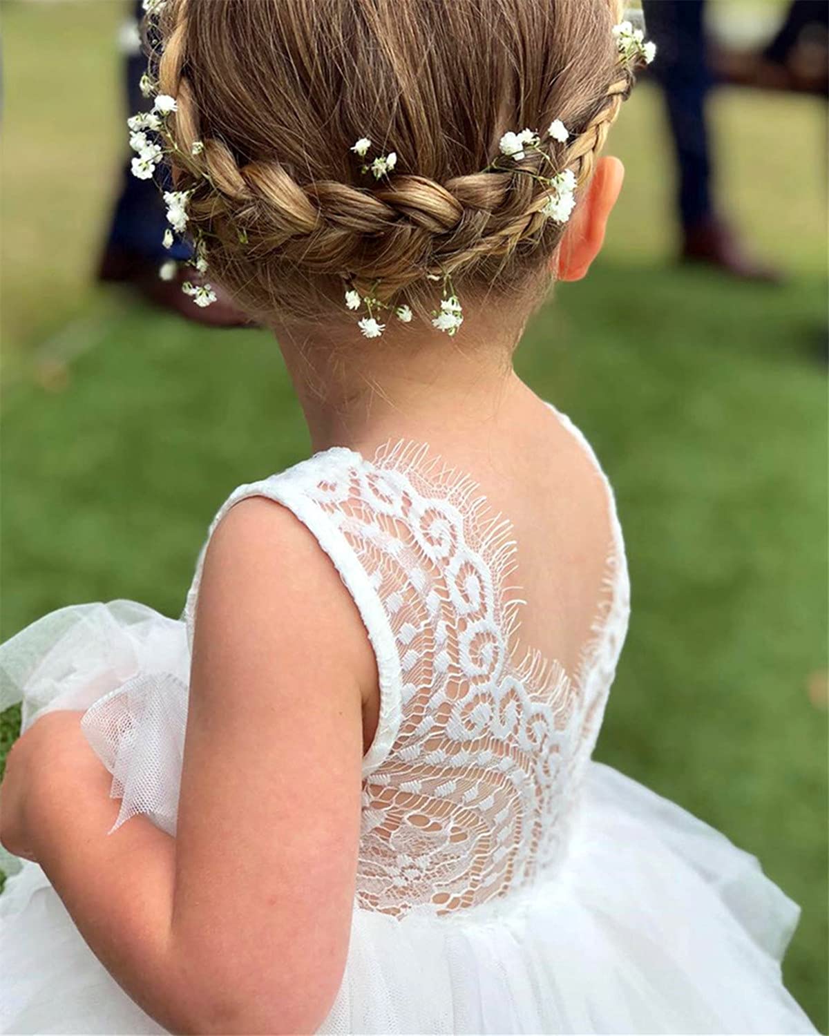 2Bunnies Girl Beaded Peony Lace Back A-Line Tiered Tutu Tulle Flower Girl Dress (White Short Sleeveless, 3T)
