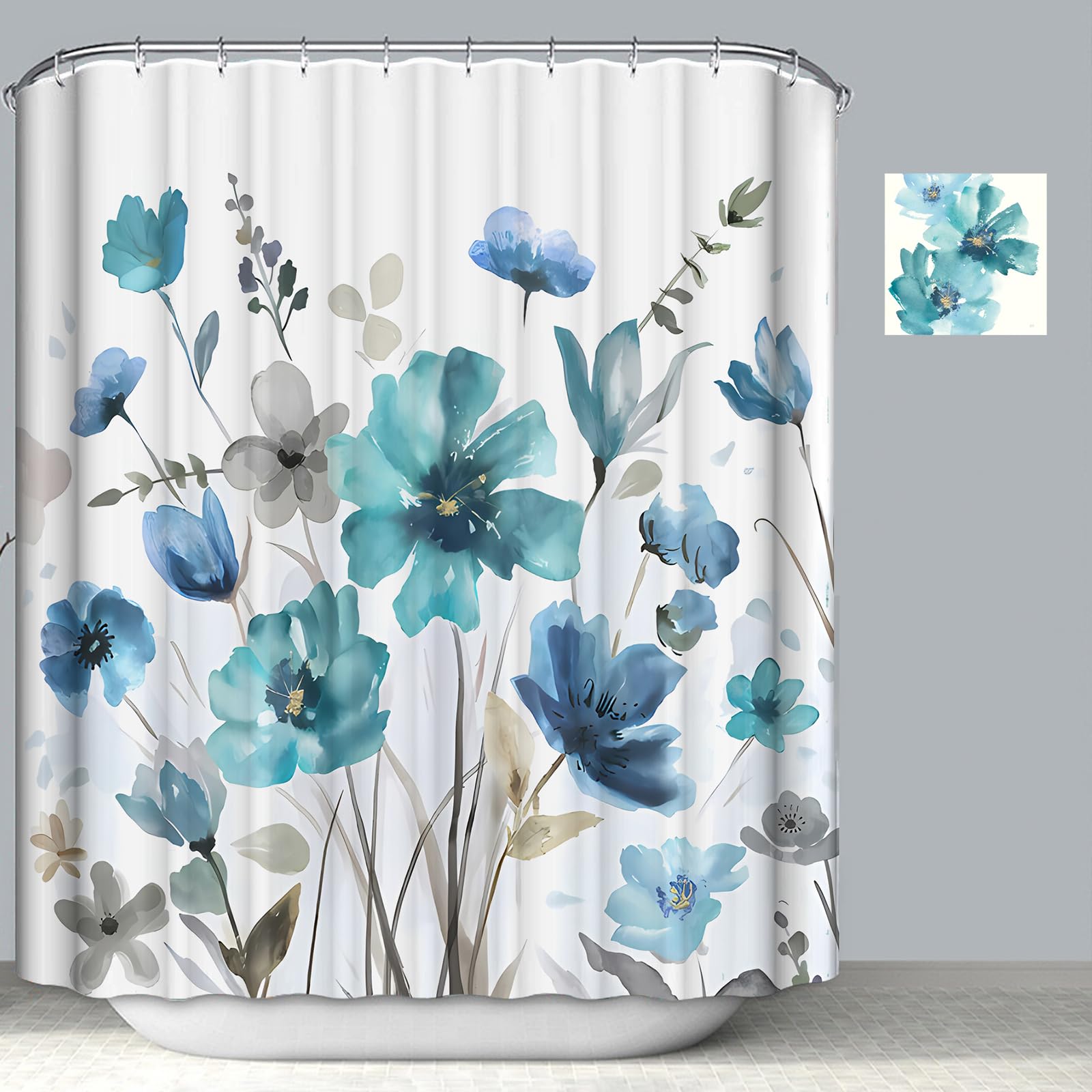 Zchomi Teal Blue Floral Shower Curtain Watercolor Flower Shower Curtain For Bathroom Waterproof Polyester Fabric Bathroom Curtai