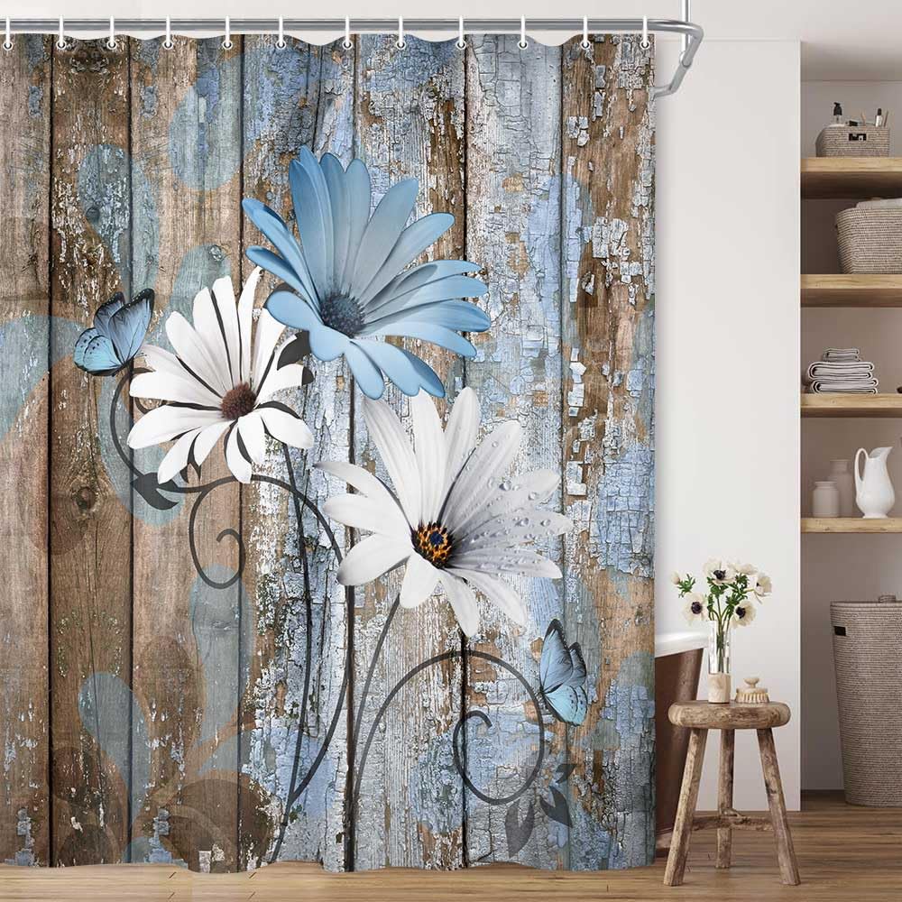 Jawo Farmhouse Flower Floral Shower Curtain, Rustic Blue Daisy Shower Curtain Set, Country Blue Wild Garden Plant Fabric Shower
