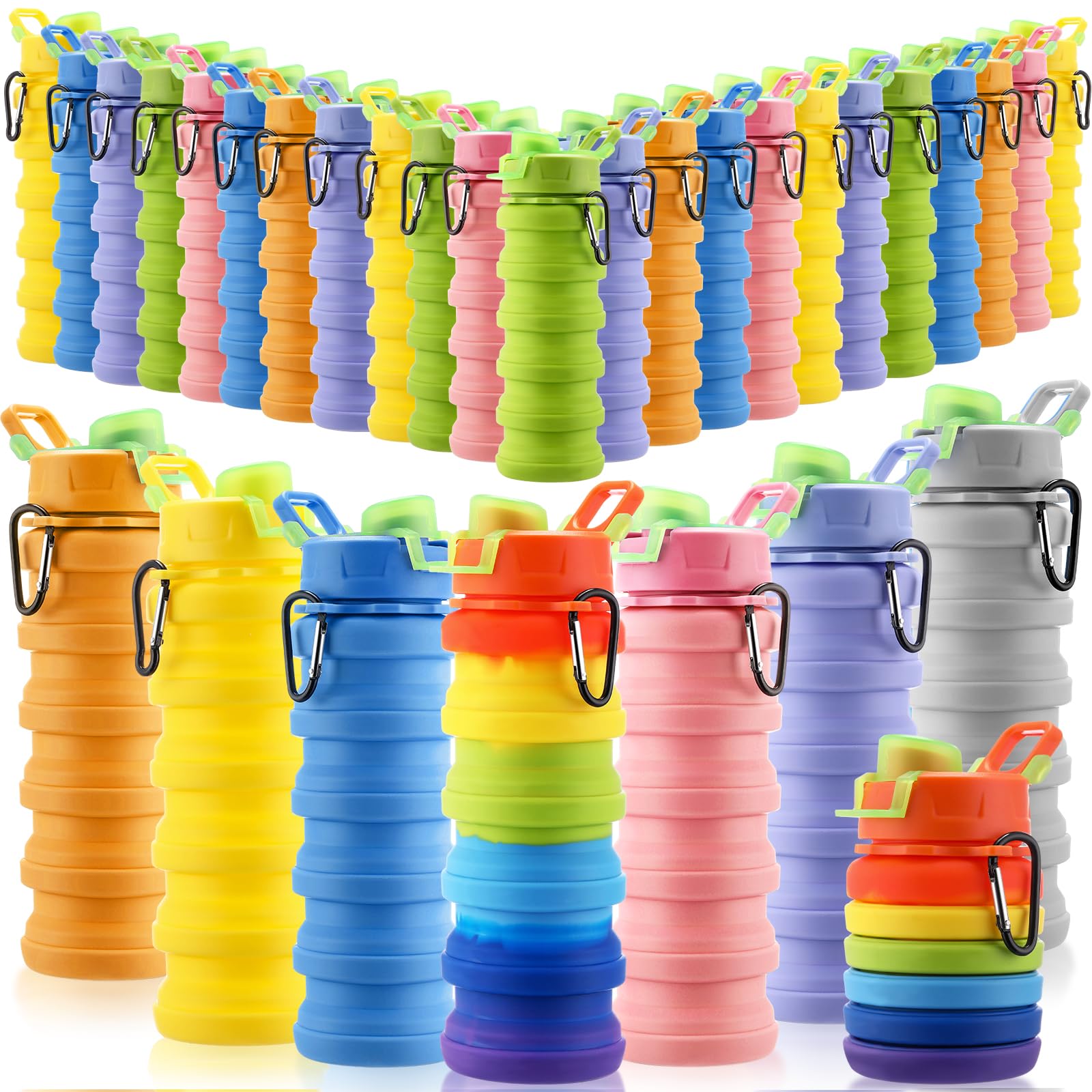 Sunnyray 30 Pack Collapsible Water Bottles Bulk Foldable Water Bottles 17oz Silicone Portable Leak Proof Reusable Sports with Cl