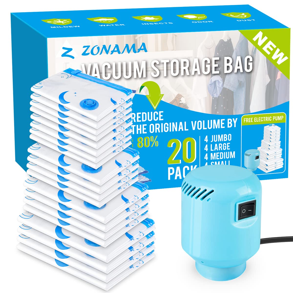 Vacuum Storage Bags With Electric Air Pump, 20 Pack (4 Jumbo, 4 Large, 4 Medium, 4 Small, 4 Roll Up Bags) Space Saving Bag For C