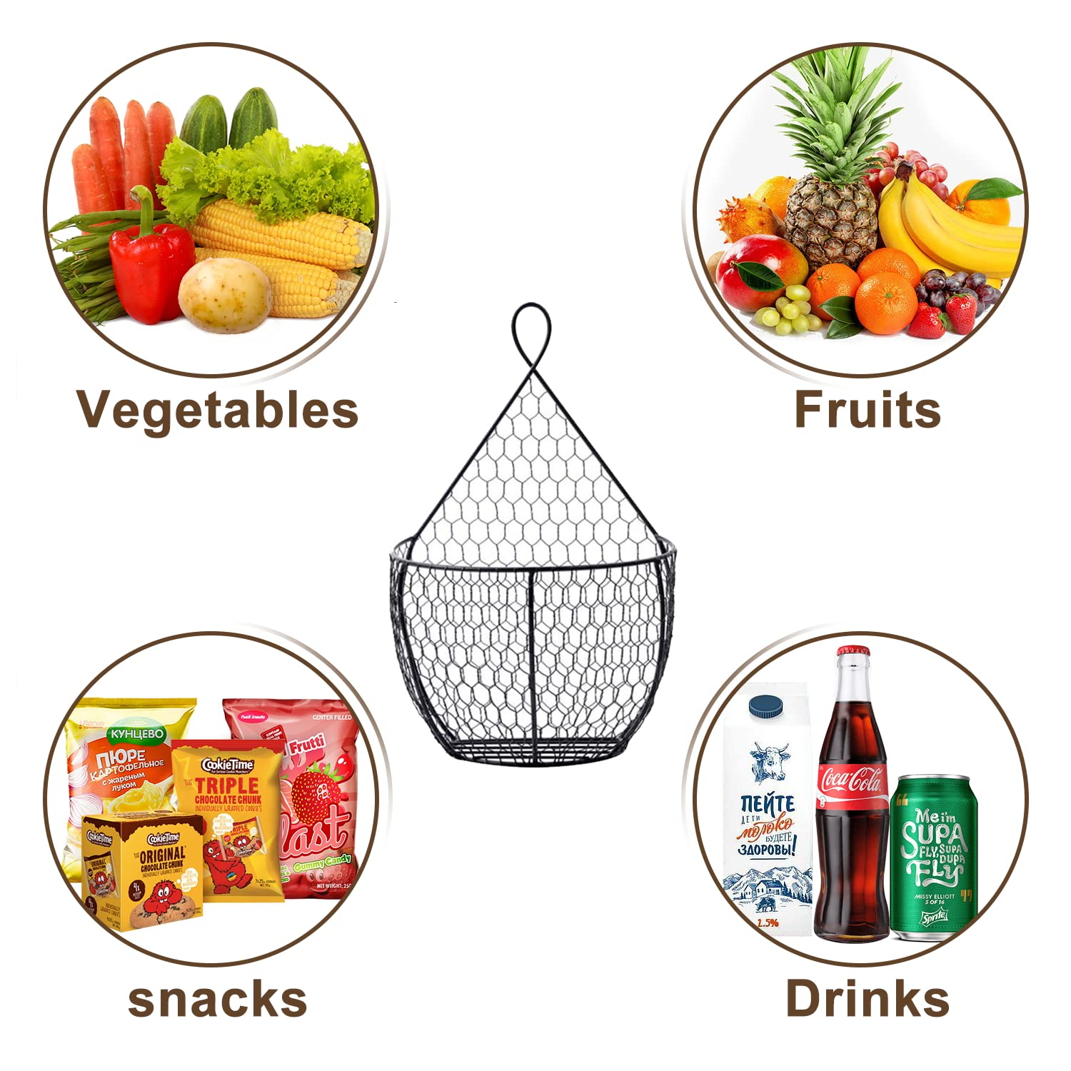 Erytlly Metal Fruit And Vegetable Storage Hanging Basket Wall Mounted, For Kitchen Black Wire Baskets For Flowers, Fruits And Ve