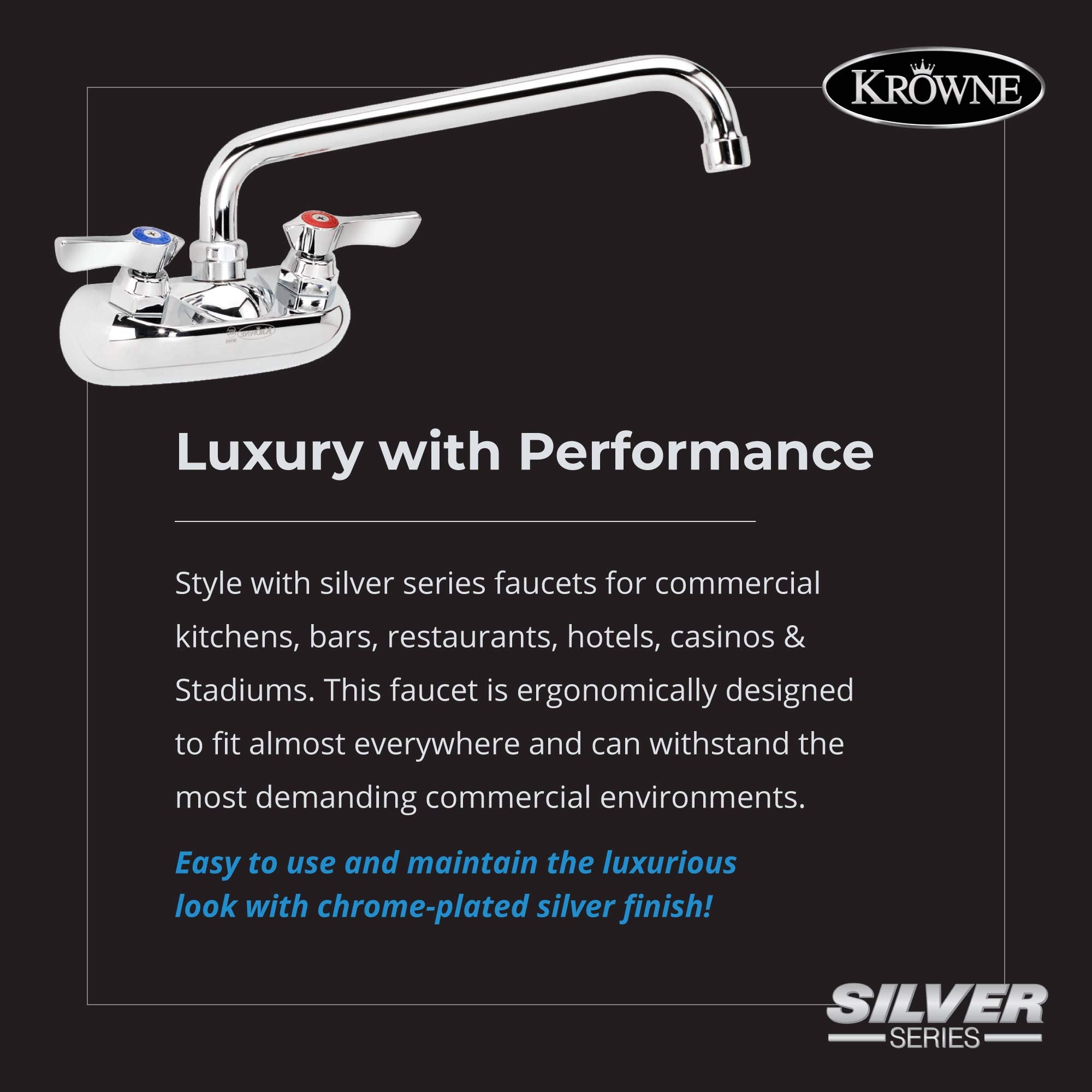 Krowne Wall Mount Kitchen Faucet - Utility Sink 4    Center Mount, 10'' Swing Spout,     Npt Male Inlet, 2 Gpm Flow Rate, Cerami