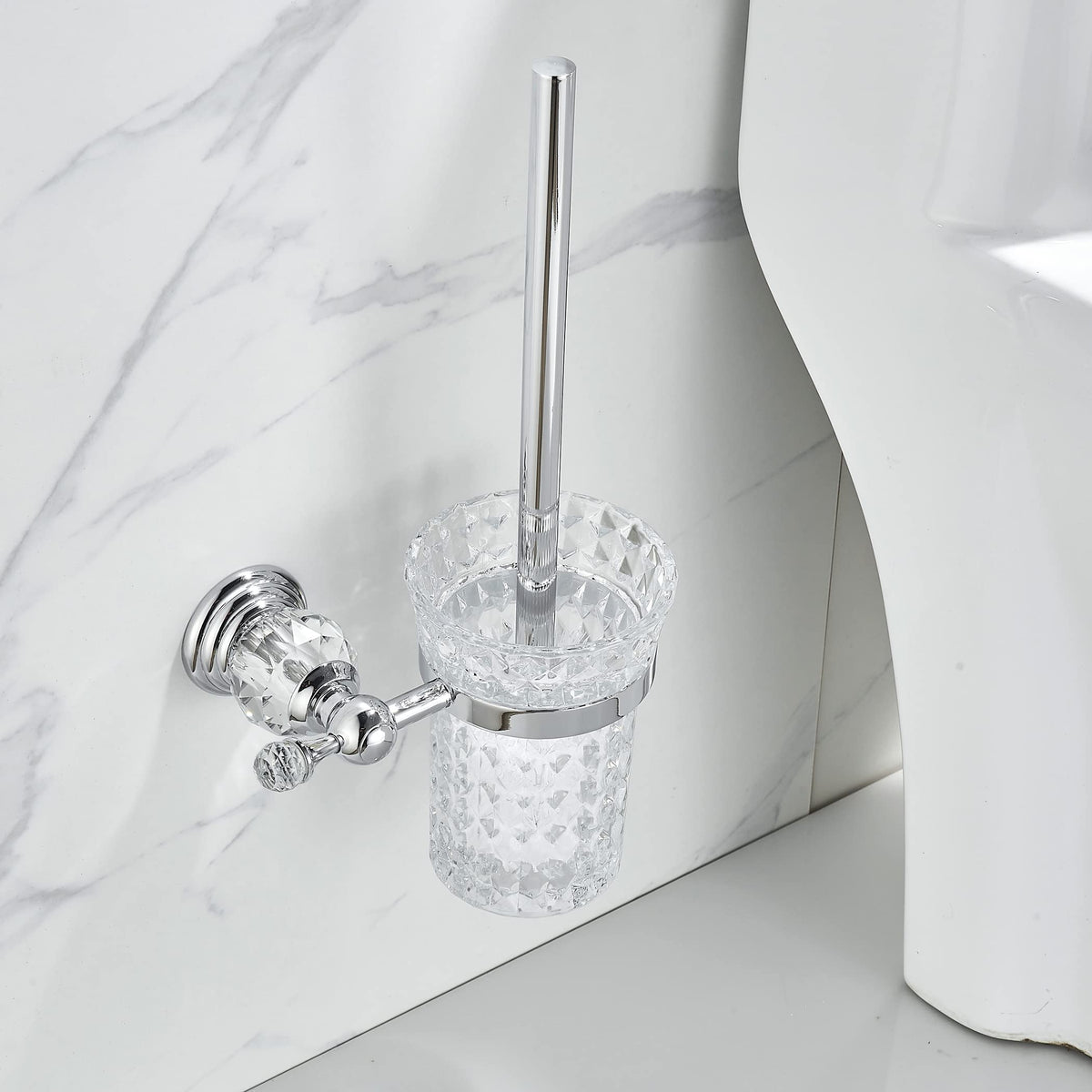 Wolibeer Crystal Toilet Brush Holder, Chrome Toilet Cup Set With Polished Silver Brush Handle Wall Mounted For Bathroom - Decora