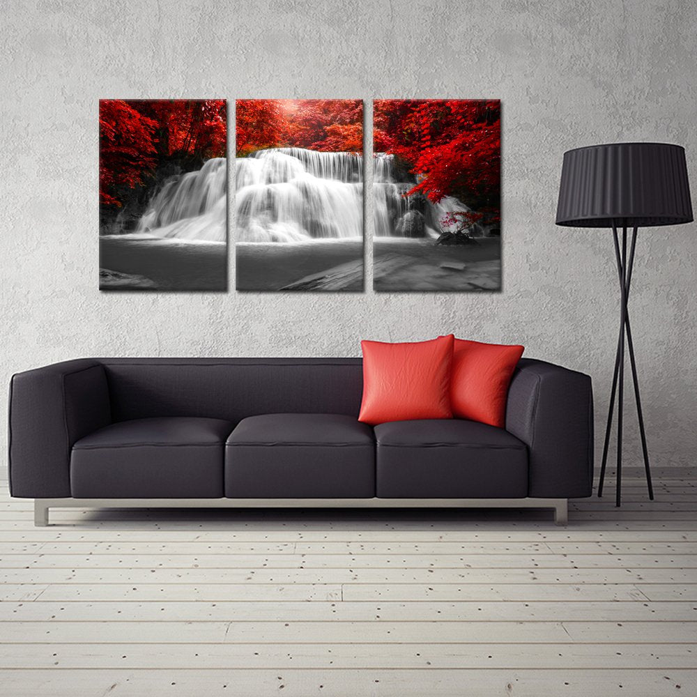 KREATIVE ARTS Black White and Red Canvas Wall Art 3 Pieces Red Woods Waterfall Canvas Print Landscape Paintings Framed Picture for Office and Home D?cor Ready to Hang 16x24inchx3pcs