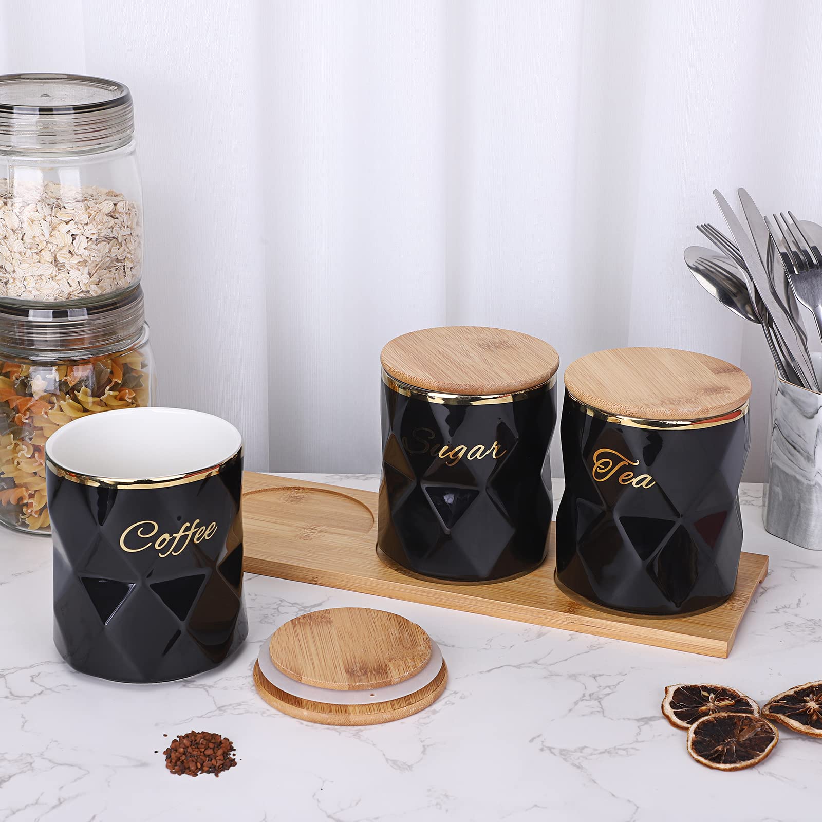 Juxyes Set Of 3 Ceramic Canisters Set For Sugar Coffee Tea, Luxurious Storage Containers Sets With Lids Decorative Storage Pots