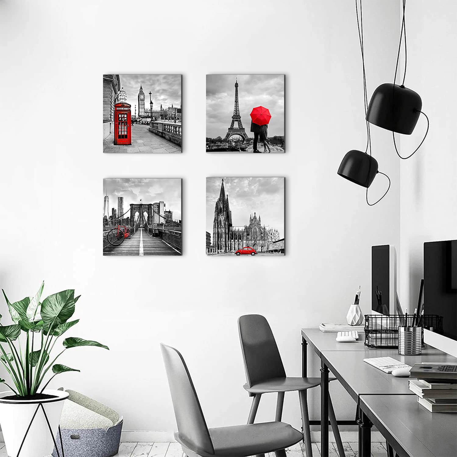 City Wall Art Framed Prints Grey Red Black Cityscape Pictures For Living Room Bedroom Wall Decor European Paris London New York