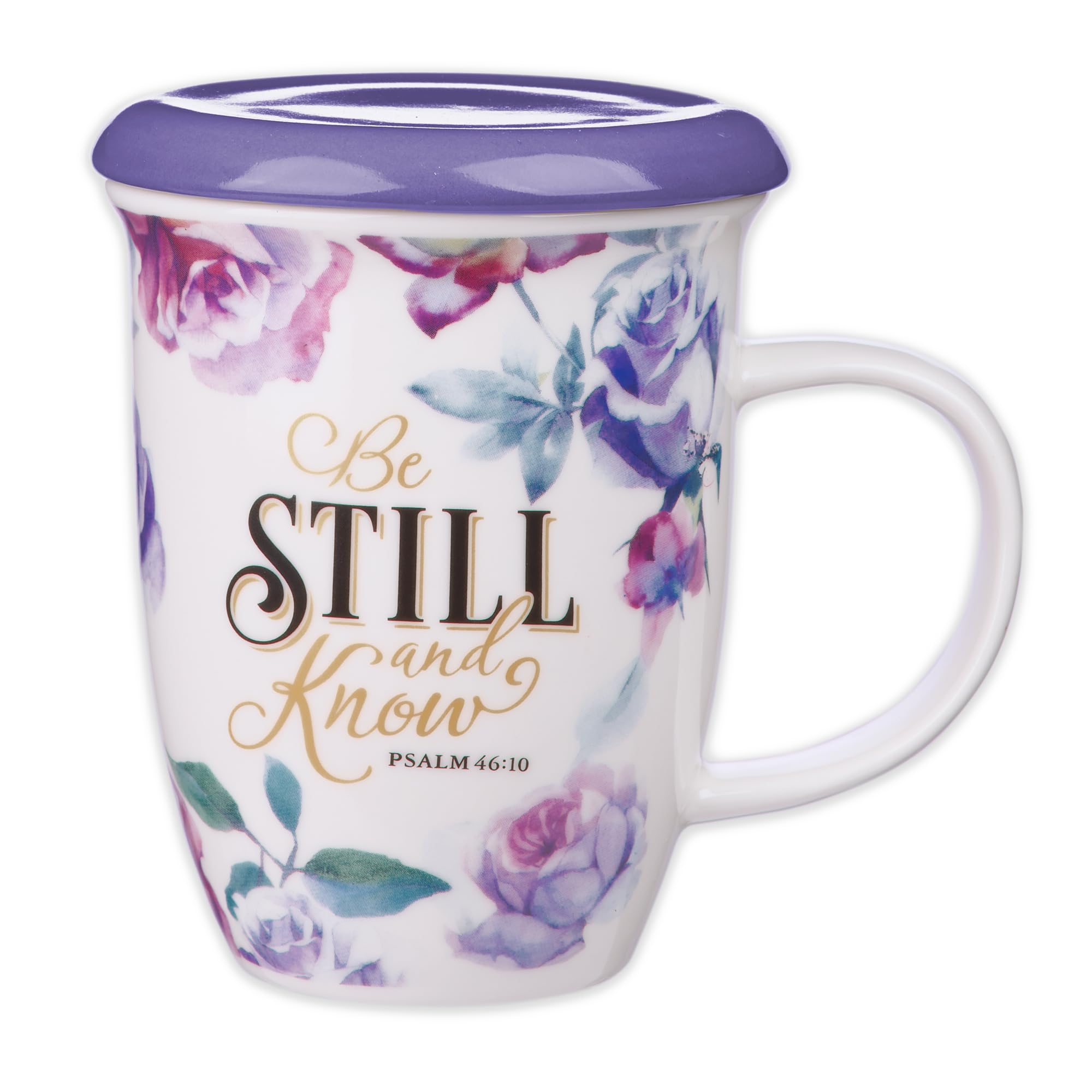 Christian Art Gifts Coffee/Tea Mug with Lid/Coaster Be Still and Know - Psalm 46:10 Bible Verse Encouraging Gift for Women 13 Ounce Ceramic Purple Roses Large Teacup with Lid