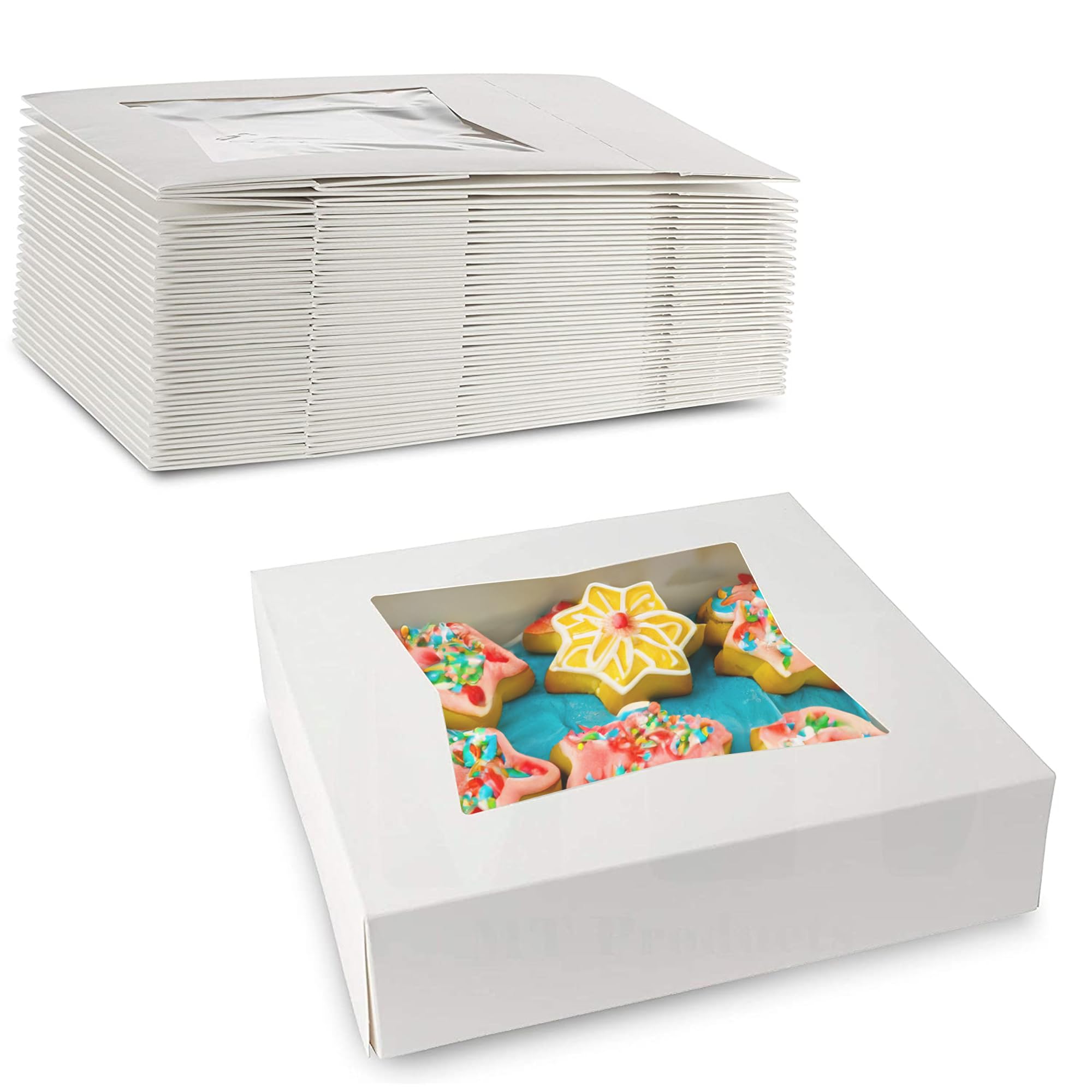 MT Products White Cookie Box 8 x 8 x 2.5 - Auto Pop-Up Bakery Boxes with Window (Pack of 15) - Made in USA