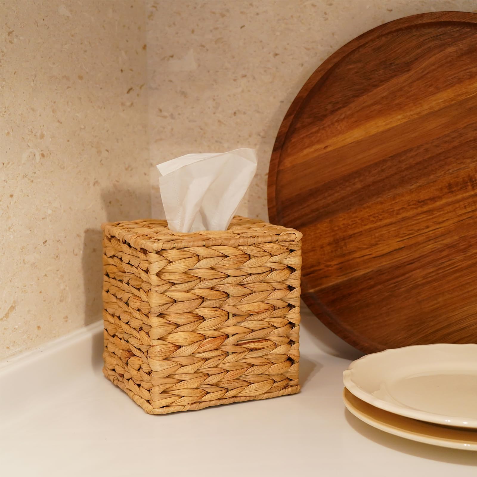 Pinxiury Water Hyacinth Handwoven Tissue Box Cover, Natural Handmade Wicker Napkin Box Holder, Handcrafted Square Facial Tissue,