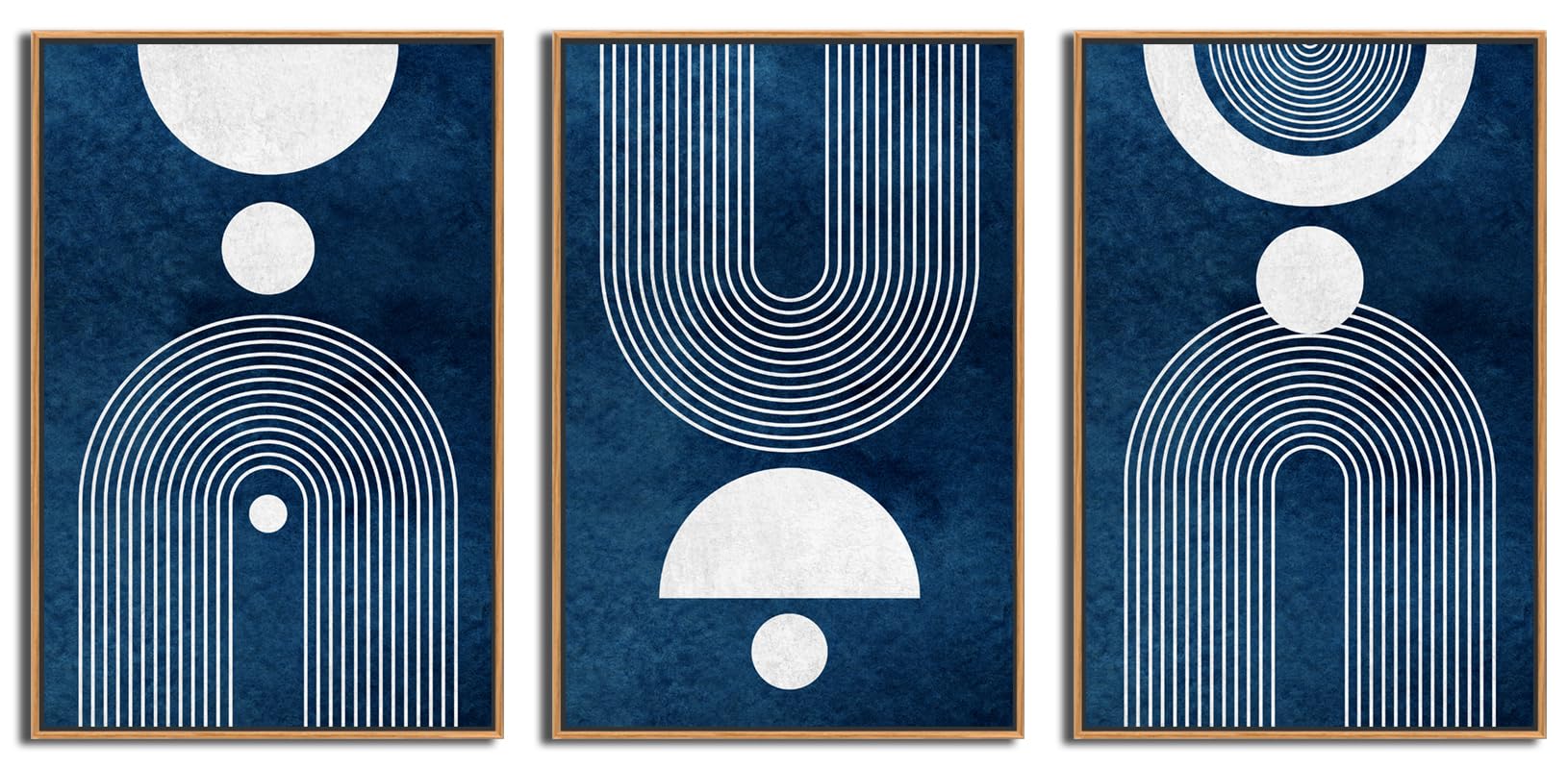 Framed Boho Canvas Wall Art - Mid Century Modern Geometric Pictures Prints Blue And White Minimalist Artwork Bohemian Wall Art F