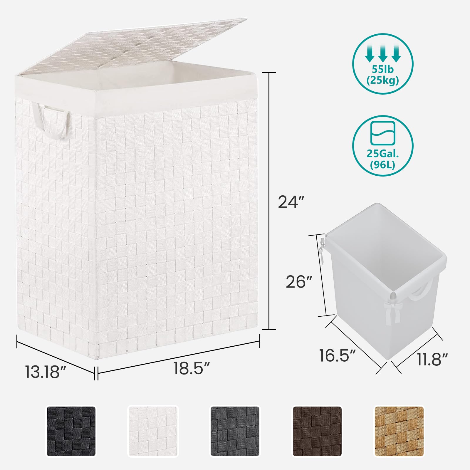 Fiona's magic Laundry Hamper Basket with Lid  Handwoven 90L Large Clothes Hamper with Removable Liner Bags  Collapsible White Tall Hamper for Bathroom  Bedroom and Dorm Room Organizer