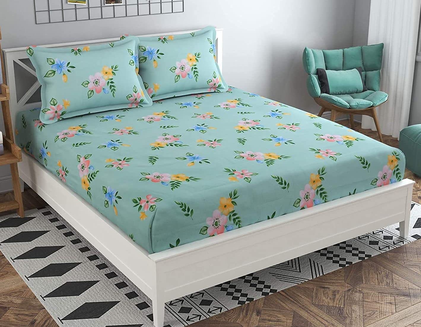 Kawi 240Tc Cotton Feel Glace Cotton Elastic Fitted Printed King Size Double Bed Bedsheet With 2 Pillow Cover(Fits Up To 72X78X8 