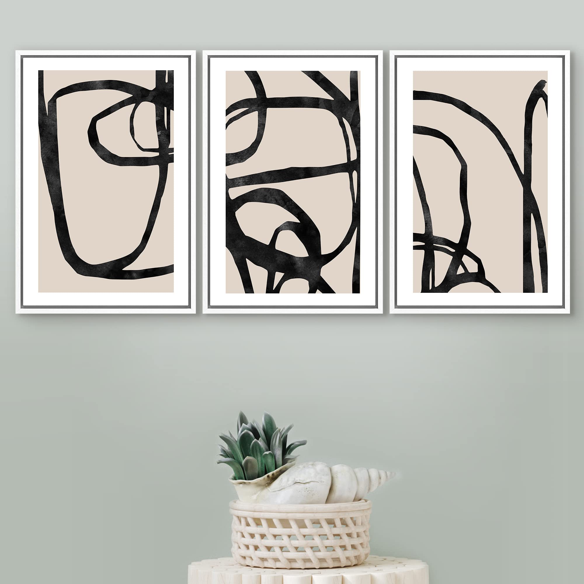Signford Framed Canvas Print Wall Art Set Mid-Century Black Tan Line Collage Abstract Shapes Illustrations Modern Art Bohemian N