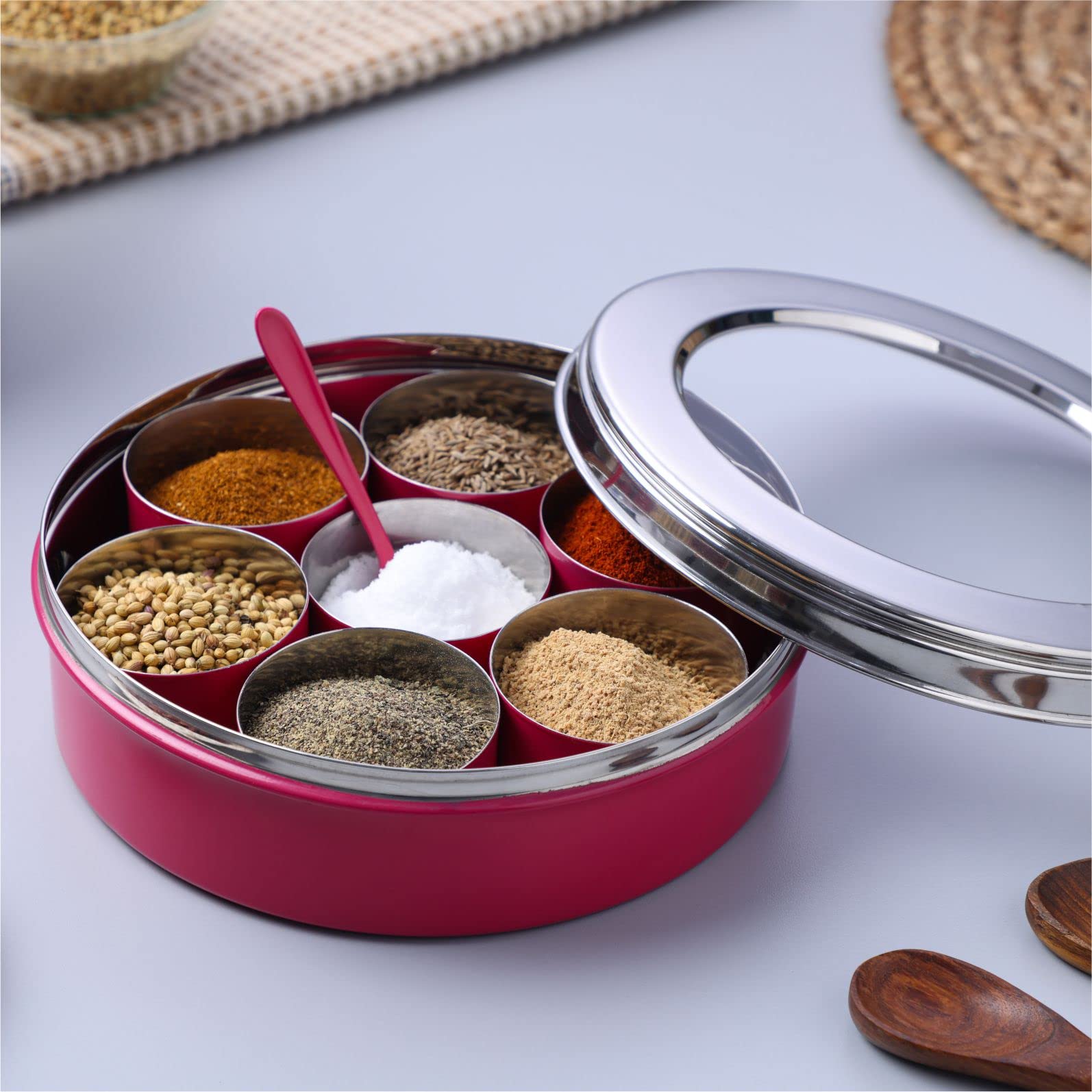 anantam homes Stainless Steel Masala Dabba masaladani Spice Box Organizer for Kitchen Masala Dani with See Through Lid with 7 Co
