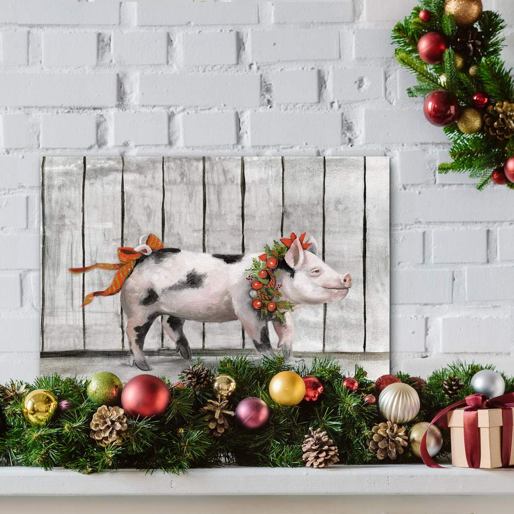 Renditions Gallery Canvas Festival Wall Art Modern Paintings & Prints Decorations Happy Christmas Pig Rustic Bow Wreath Animal W