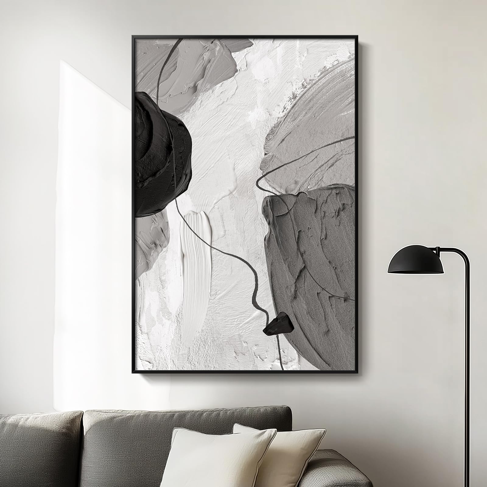 Framed Black And White Gray Modern Abstract Canvas Wall Art, Contemporary Large Paintings Artwork For Walls, Minimalist Prints P