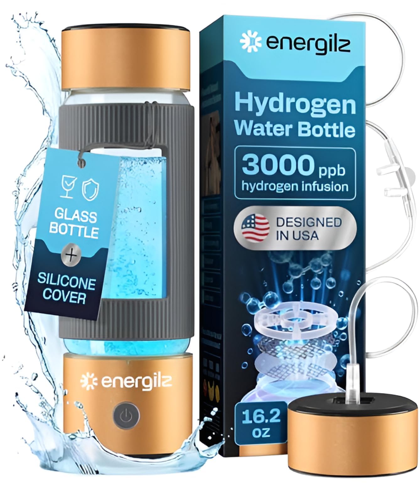 ENERGILZ Hydrogen Water Bottle | Large 16.2 oz (480 ml) Hydrogen Water Bottle Generator 3000 ppb | Hydrogenator Machine | SPE/PE