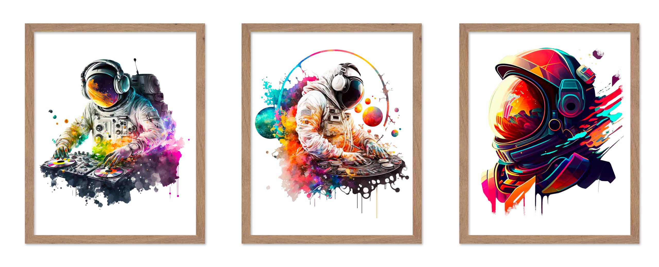 Poster Master 3-Piece Space Poster - Retro Illustration Print - Gift for Artist, Friend - Astronaut Dj, Music, Helmet, Trippy, C
