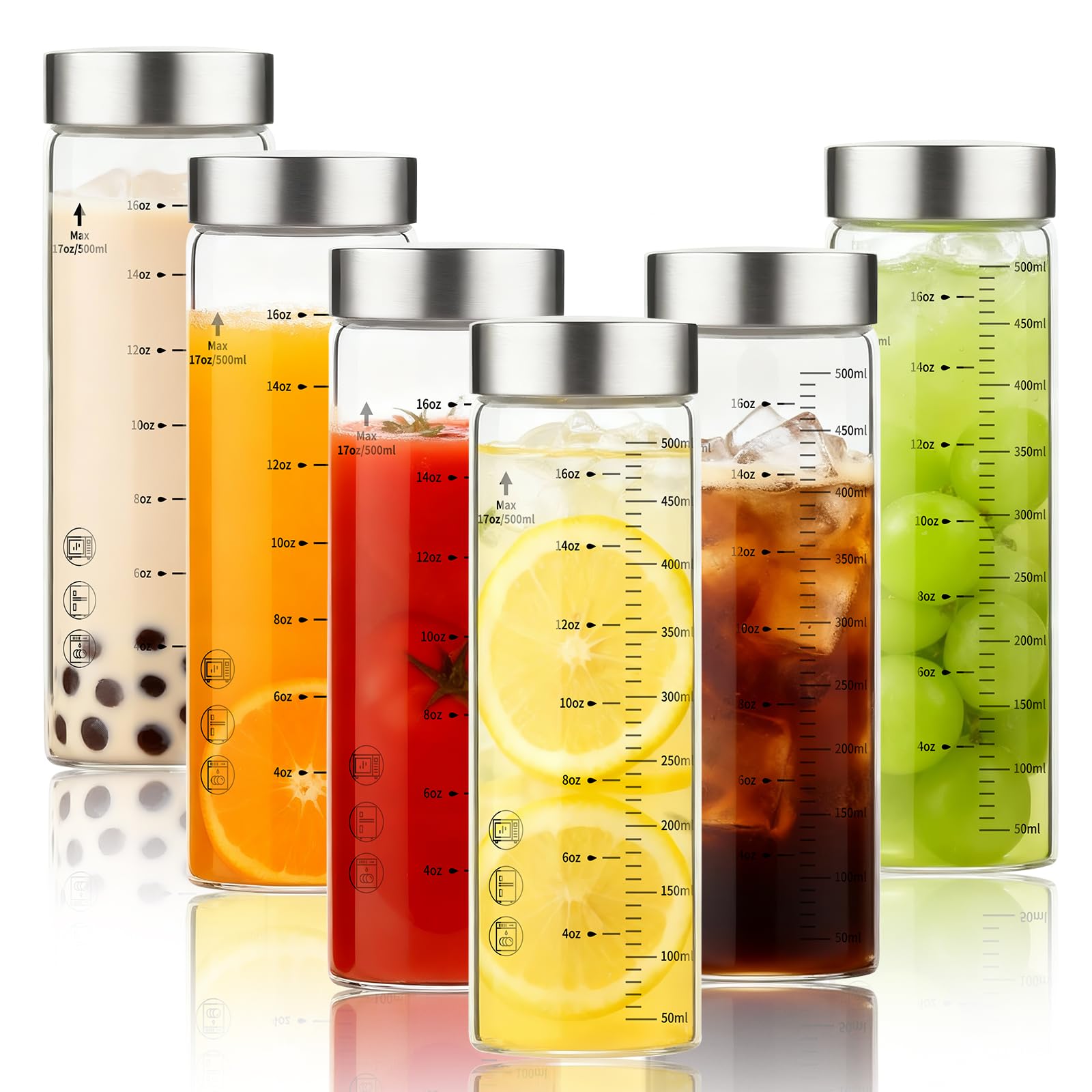 Elitrivox Glass Juice Bottles 16 Oz, Wide Mouth Reusable Clear Glass Water Bottles with Graduations 100% Leak Proof Stainless St