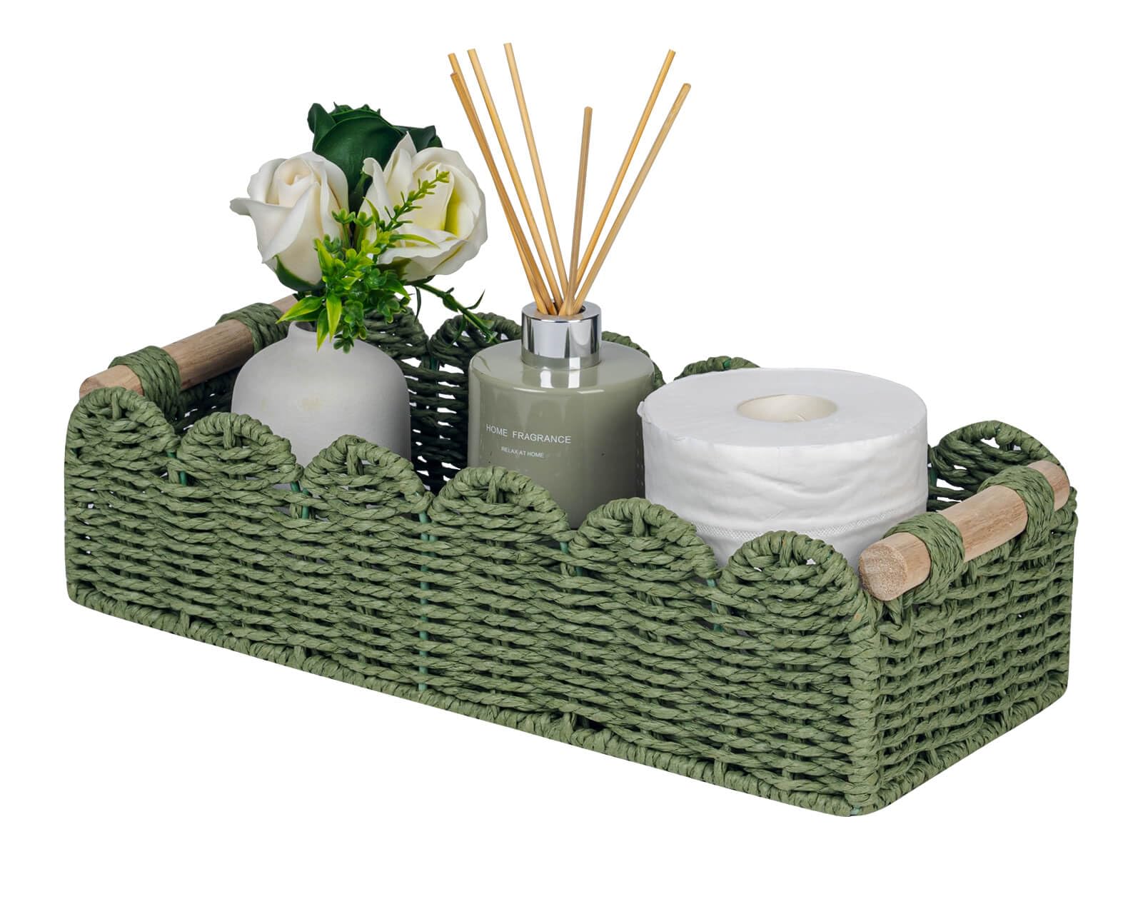 CubesLand Toilet Paper Storage Basket Scalloped Edge Home Decor Green Basket, Living Room Cozy Decor, Paper Rope Small Baskets f