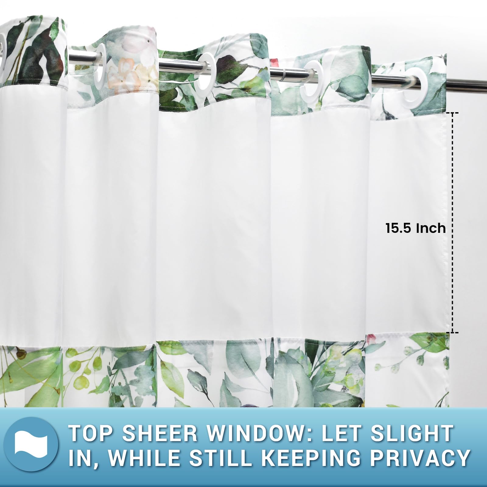WITHLOC No Hook Shower Curtain with Eucalyptus Design, Waterproof Liner, 71"x74", Sage Green, Machine Washable
