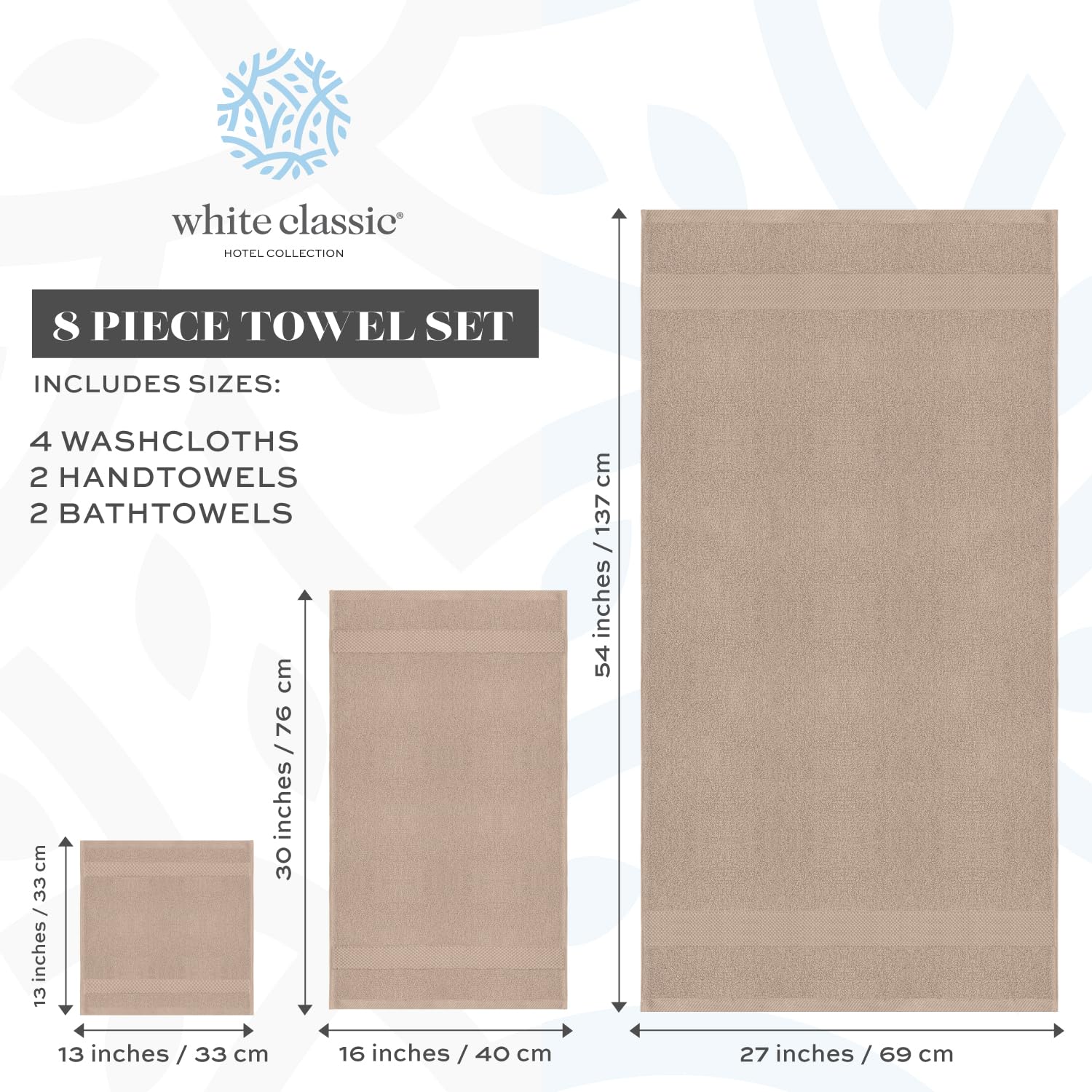 White Classic Luxury Taupe Bath Towel Set - Combed Cotton Hotel Quality Absorbent 8 Piece Towels | 2 Bath Towels | 2 Hand Towels