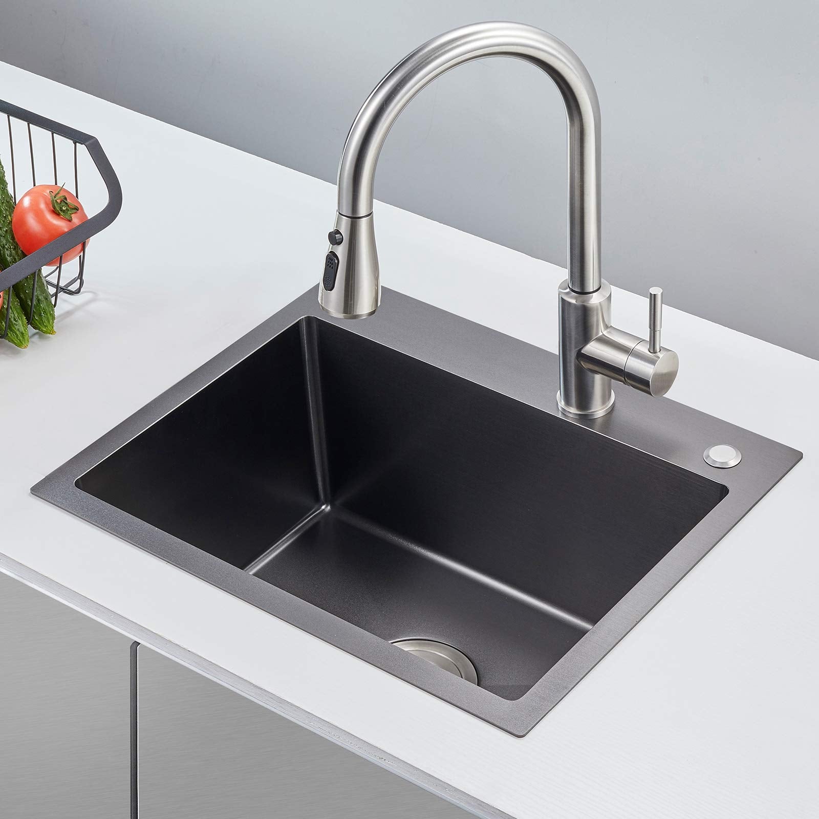 MENATT 20-inch Top-Mount Handmade Kitchen Sink  SUS304 Stainless Steel Drop in Kitchen Single Bowl Sink with Basket Strainer (Black)  20''x16''x9''