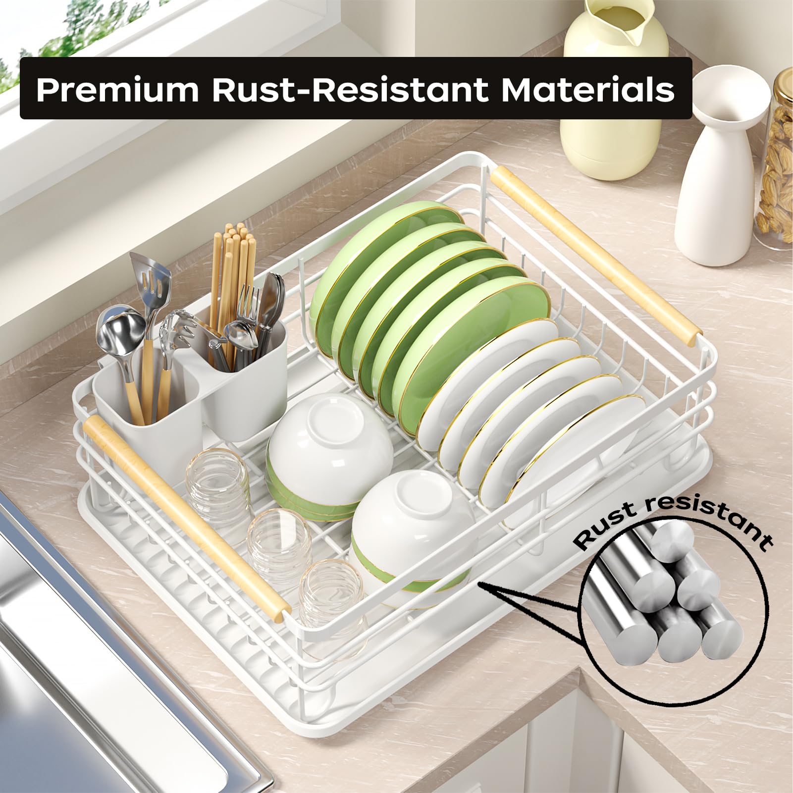 Jouzevic Dish Racks For Kitchen Counter: Thickened Metal Materials, No Assembly, Wood Handles. Small Dish Drying Rack: Ideal For