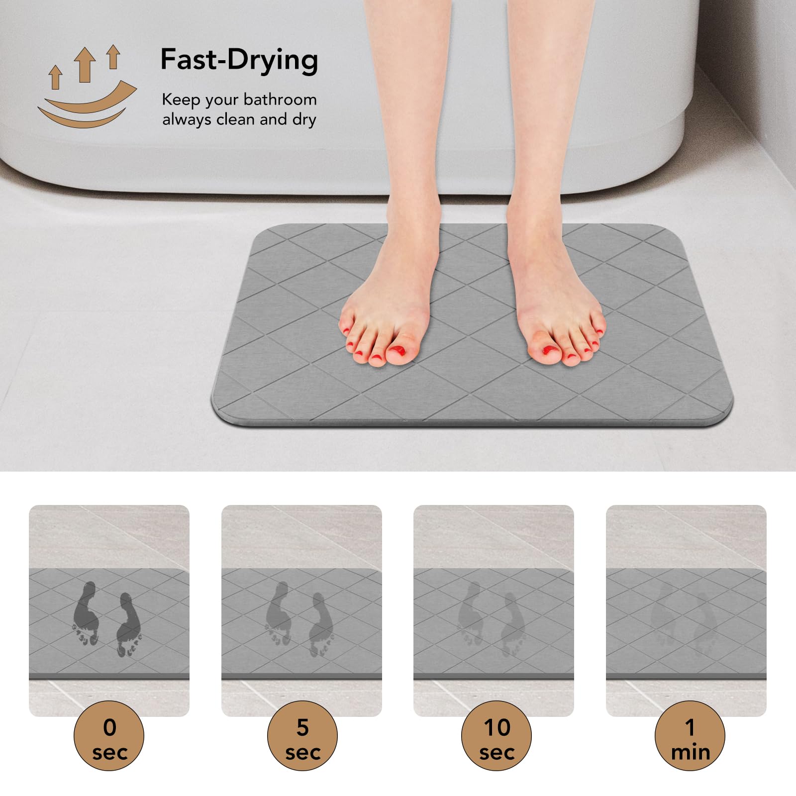 Jizeuo Stone Bath Mat, Diatomaceous Earth Shower Mat, Non-Slip Super Absorbent Quick Drying Bathroom Floor Mat, 2 Pack, Grey, Pa