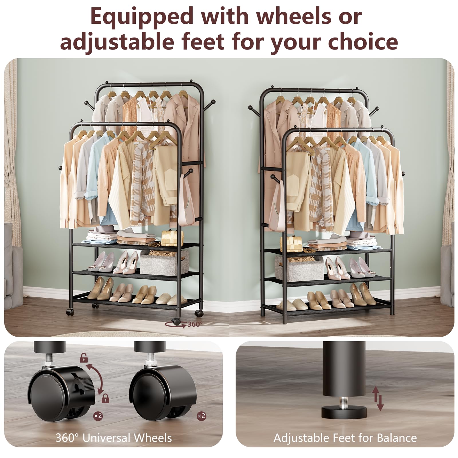 Furologee Double Rods Clothing Rack With Wheels And 3-Tier Storage Shelf, Clothes Rack For Hanging Clothes With 4 Hooks, Portabl