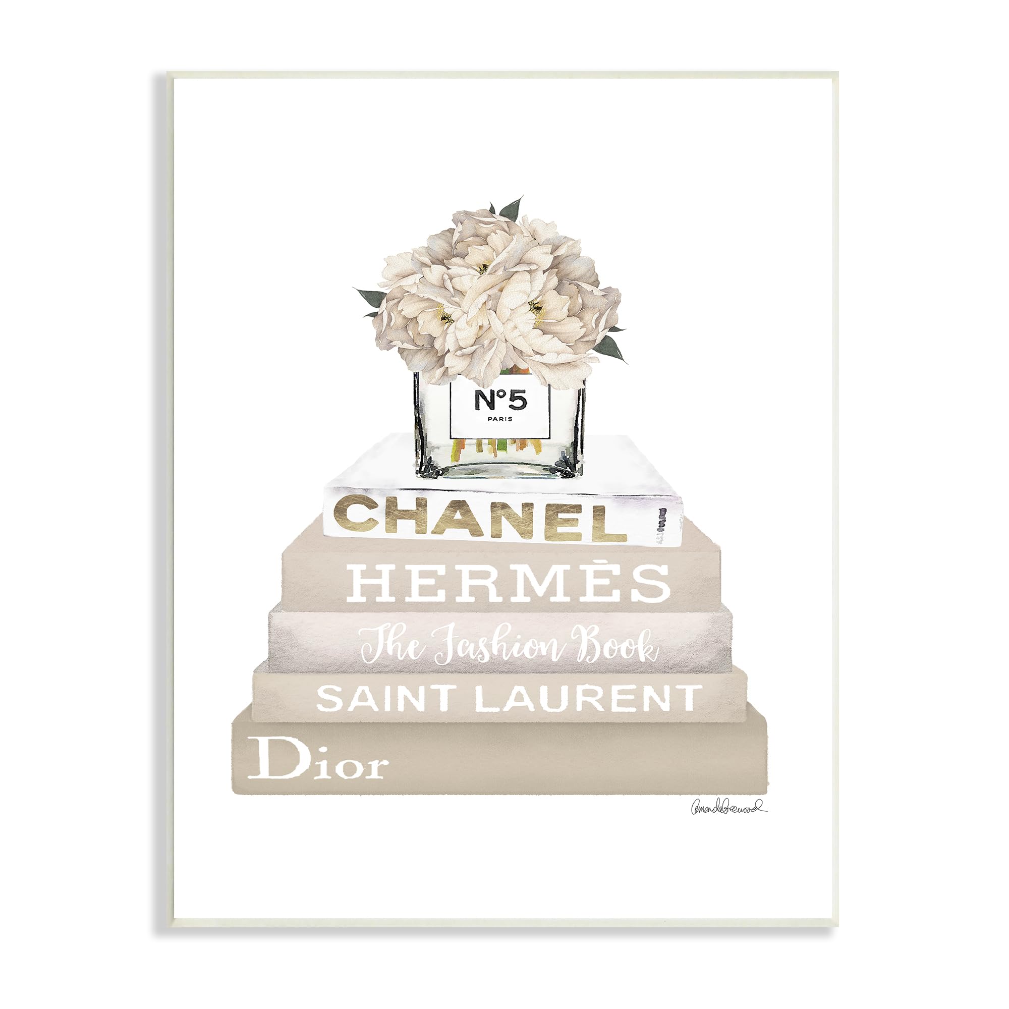 The Stupell Home D  Cor Collection High Fashion Bookstack With Tan Flowers Wall Plaque Art, 13 X 19, Multi-Color