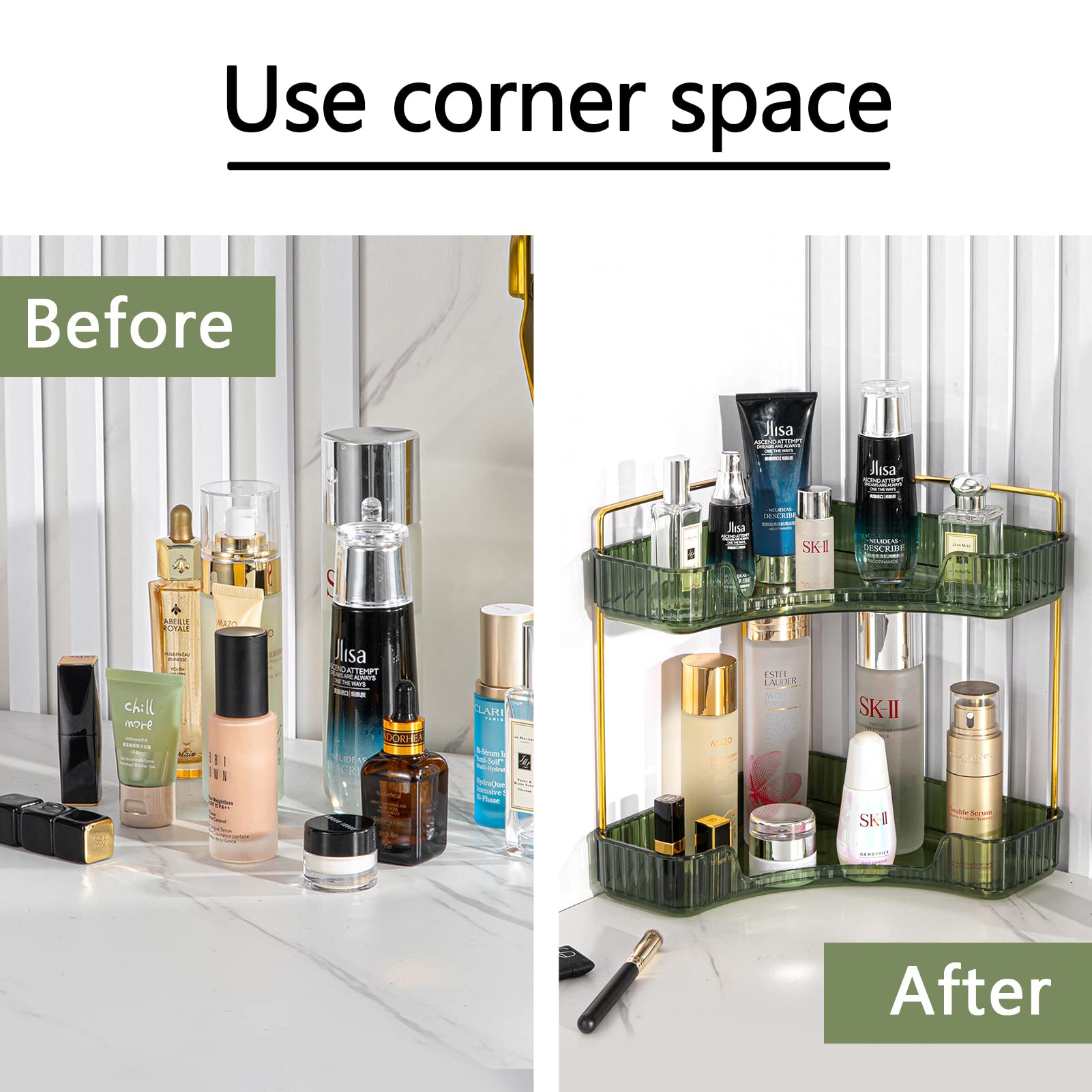 Shuang Qing 2-Tier Corner Bathroom Counter Organizer, Countertop Perfume Tray And Vanity Organizer, Makeup Cosmetic Storage, Cor