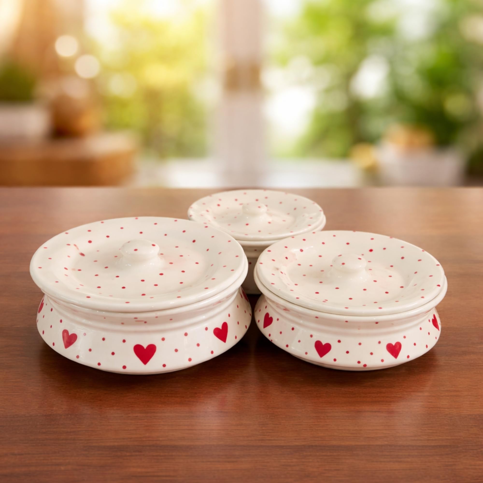 Niyara Red Heart Design Ceramic Casserole With Lid | Multipurpose Serving Bowl | Microwave Safe Serveware (Set Of 3, Sizes: 1000
