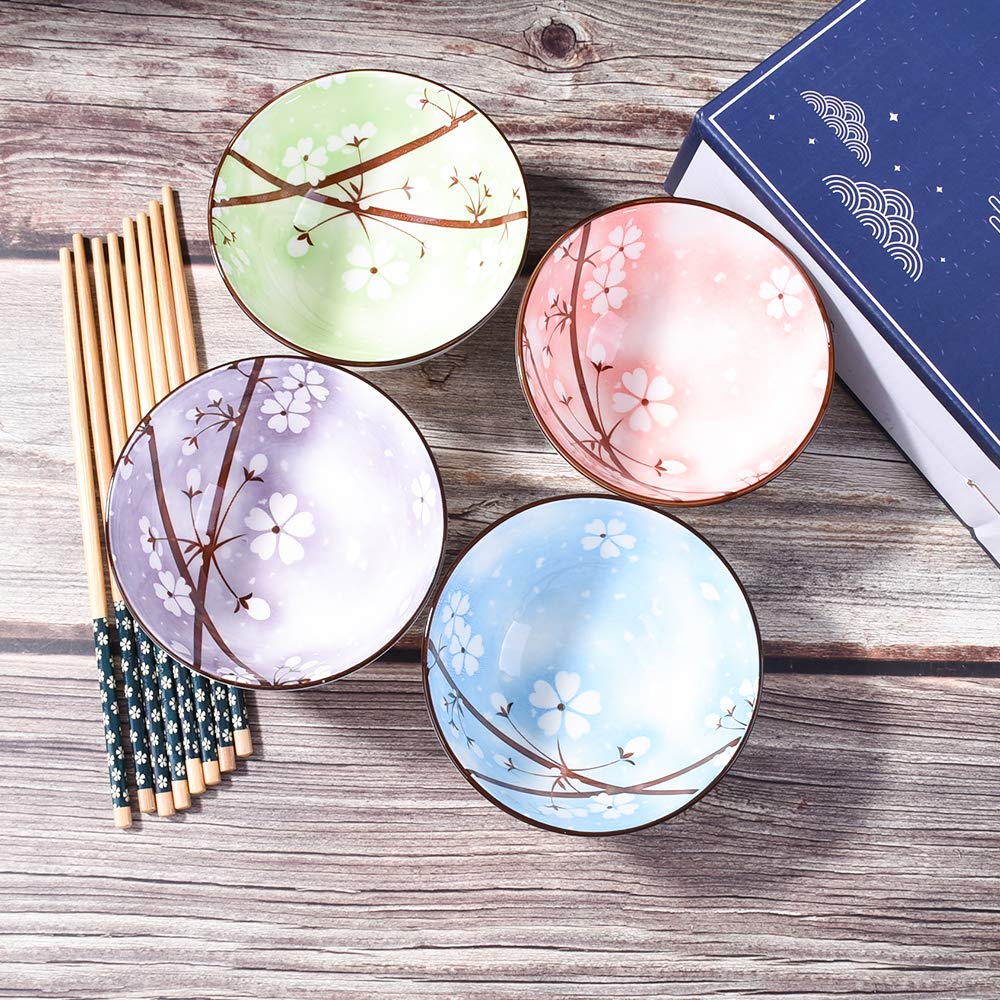 Japanese Style Ceramic Rice Bowl And Chopstick Set Of 4, Assorted Designs And Color With Phum Flowers Underglazed Dinnerware Ide